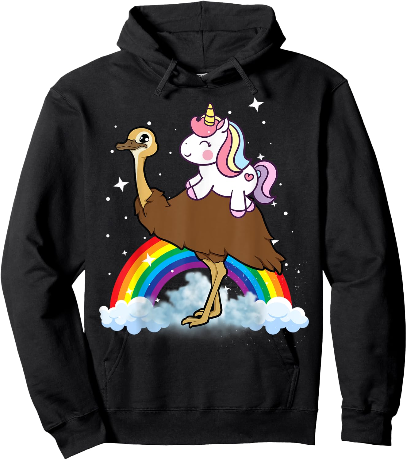 Unicorn Riding Emu Boys Girls Men Women Kids Teens Rainbow Hoodie - Hoodie | Black