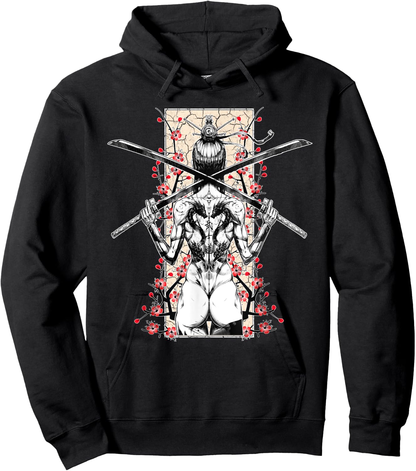 Japanese Samurai Girl and Vintage Sakura Cherry Blossom Gift Hoodie - Hoodie | Black