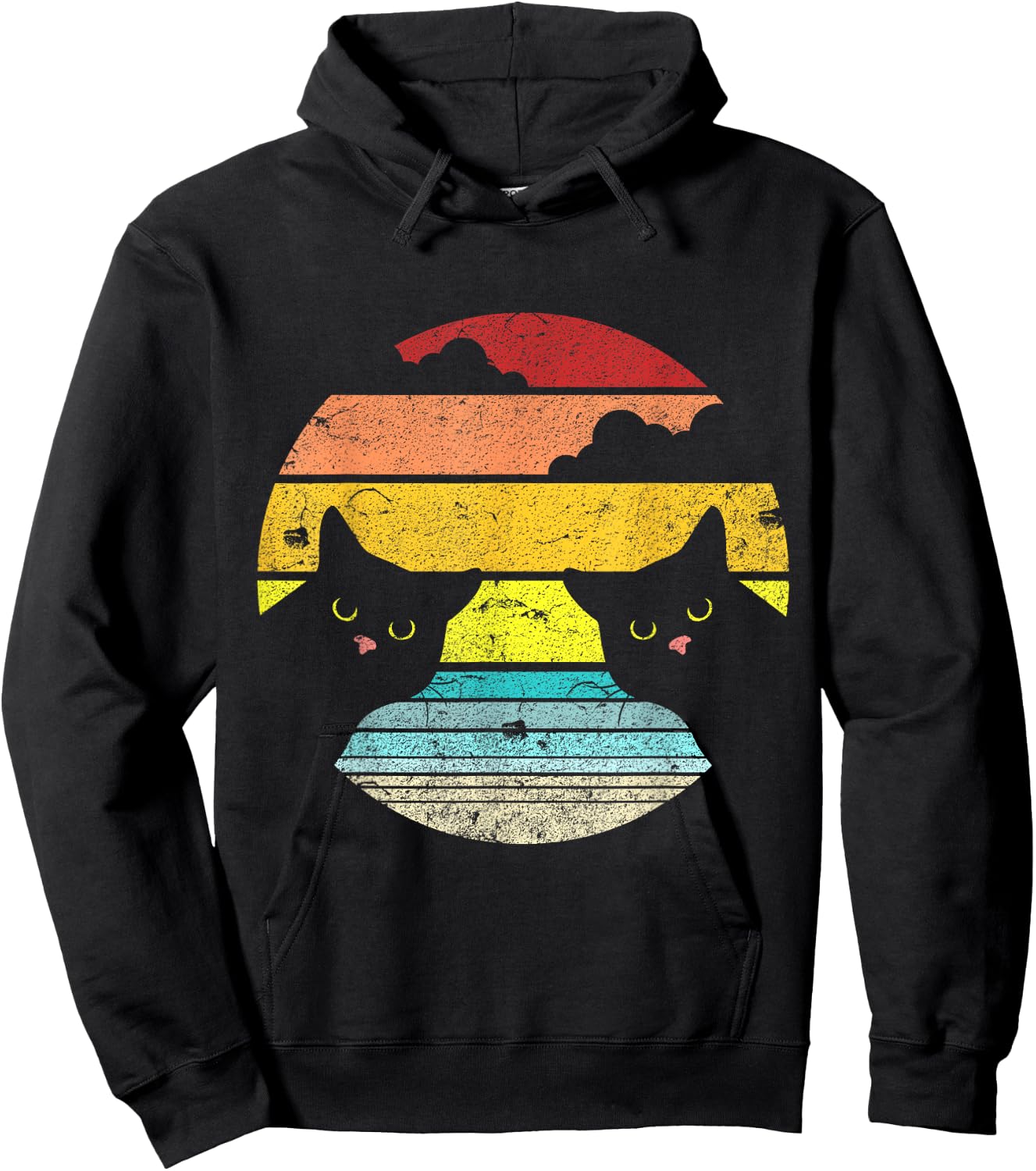 Two Cats Staring Vintage Sunset Retro Style Cat Hoodie - Hoodie | Black