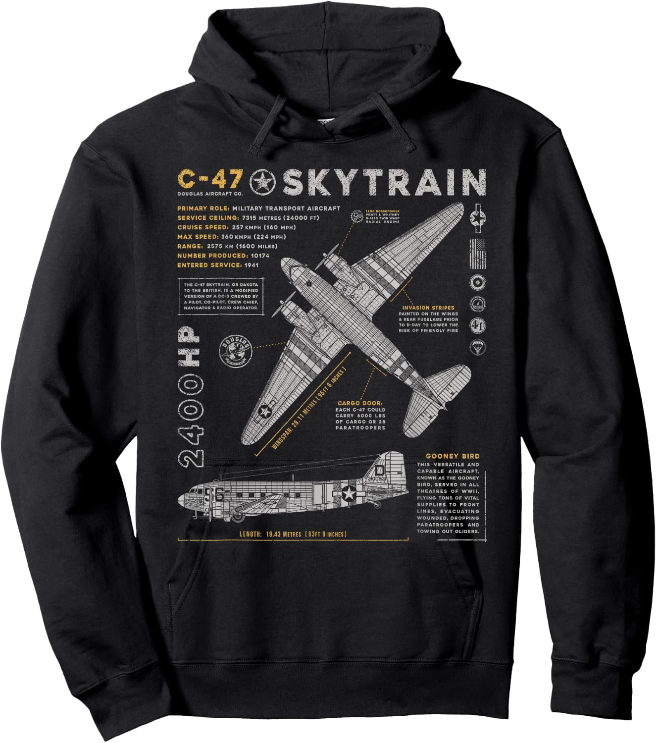 C-47 Skytrain | C47 Douglas Dakota WWII Transport Aircraft Hoodie - Hoodie | Black