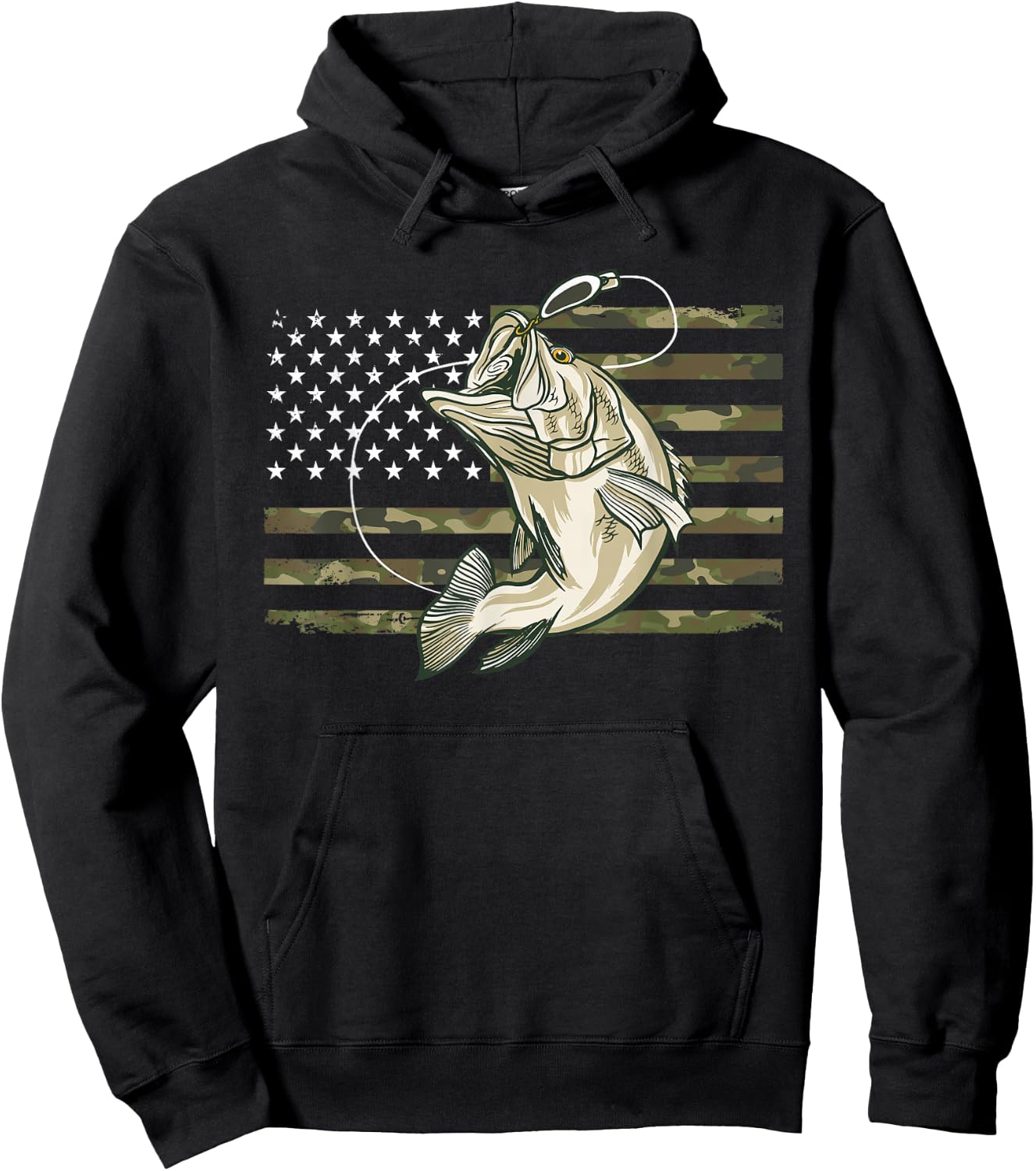 Fishing Camouflage US American Flag Bass Fish Fisherman Camo Hoodie - Hoodie | Black