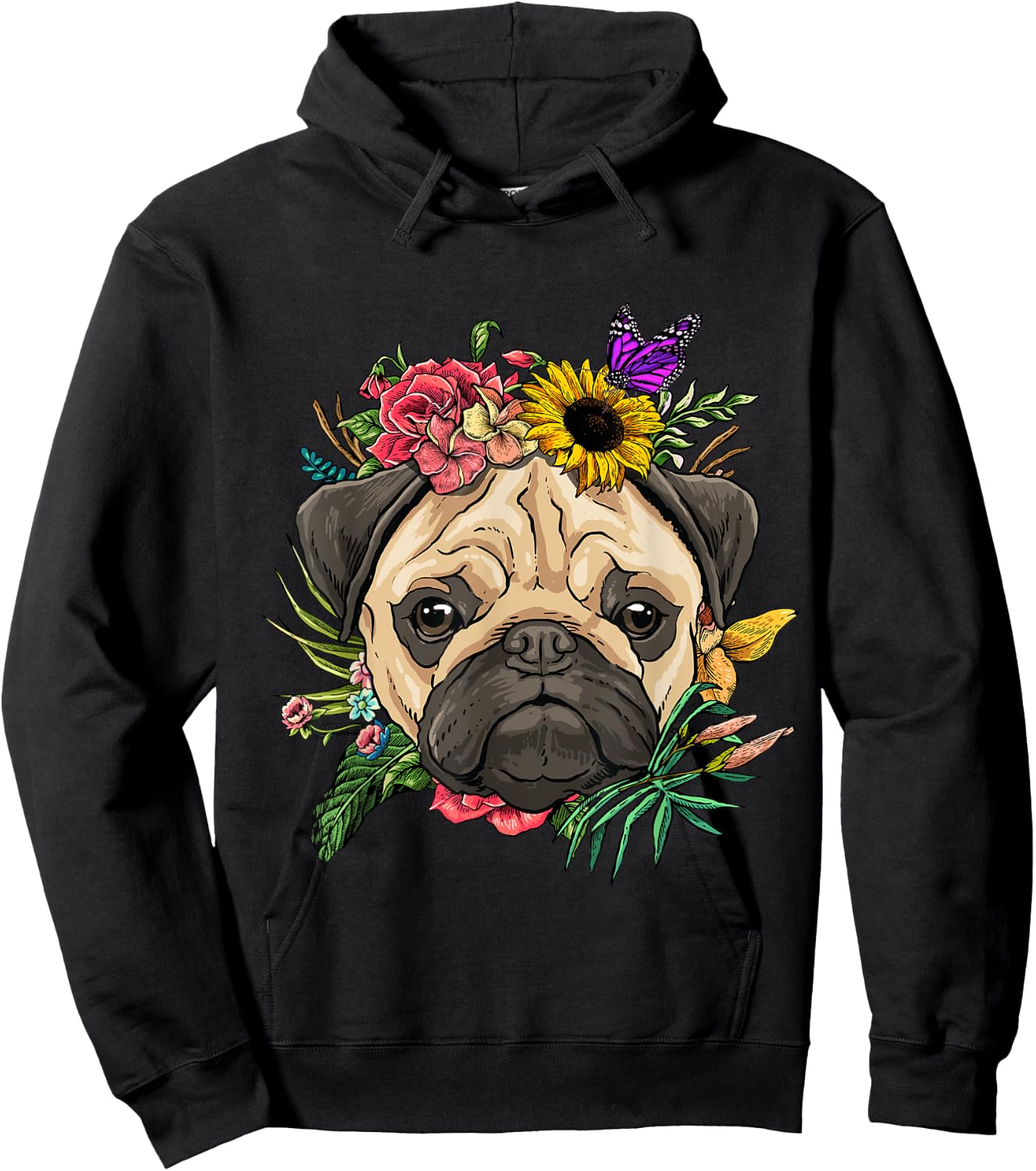 Pug Shirt Dog Pug Face Flower Pug Lovers Owners Pug Mom Dad Hoodie - Hoodie | Black