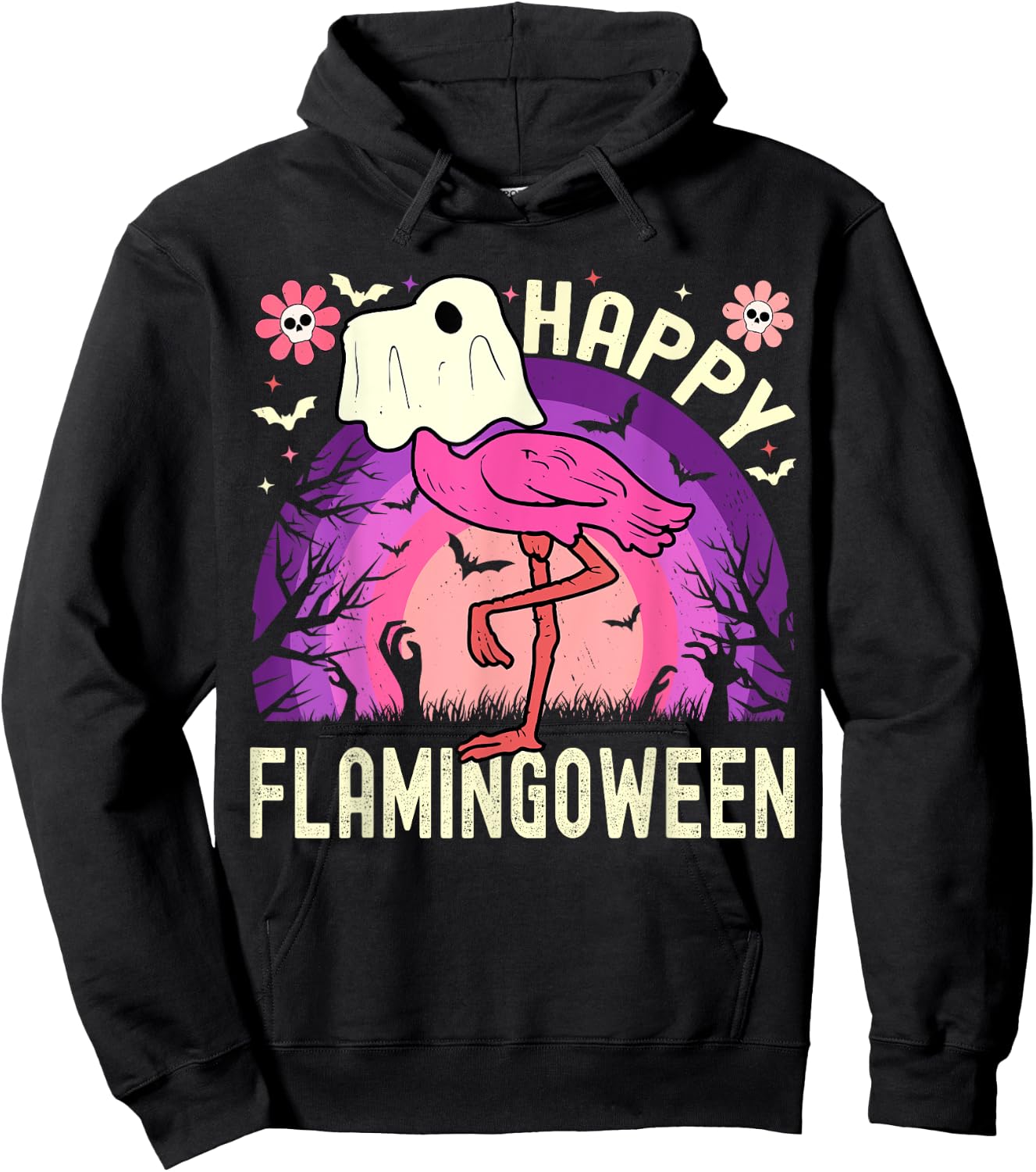 Happy Flamingoween Funny Flamingo Ghost Retro Halloween Hoodie - Hoodie | Black