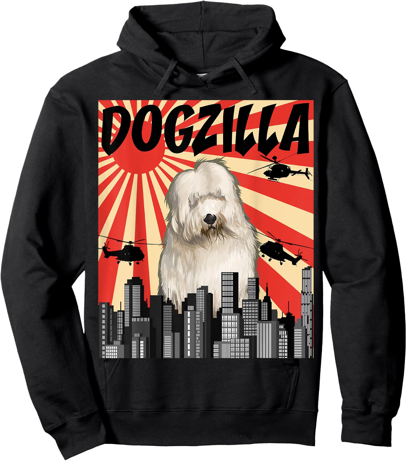 Funny Retro Japanese Dogzilla Old English Sheepdog Hoodie - Hoodie | Black