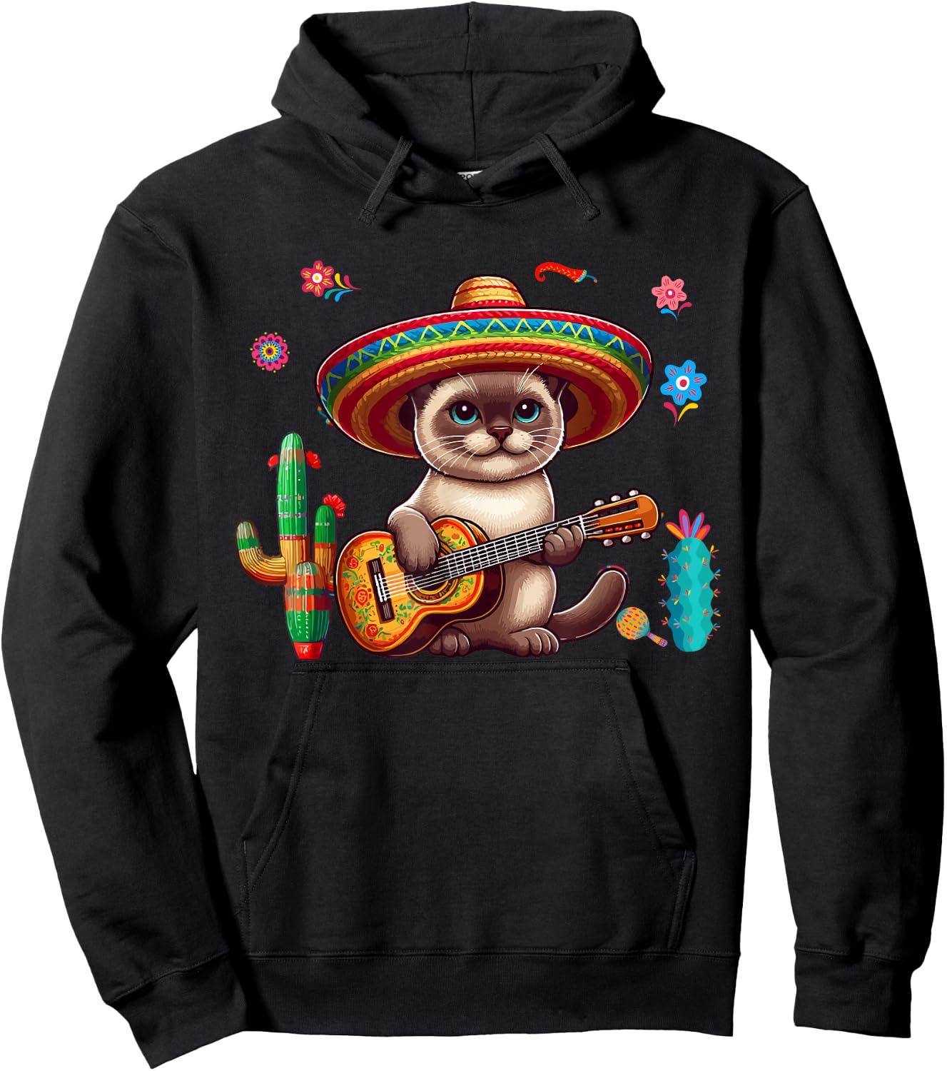 Siamese Cat Sombrero Mexican Guitar Cinco De Mayo Owner Men Women Kids Hoodie - Hoodie | Black