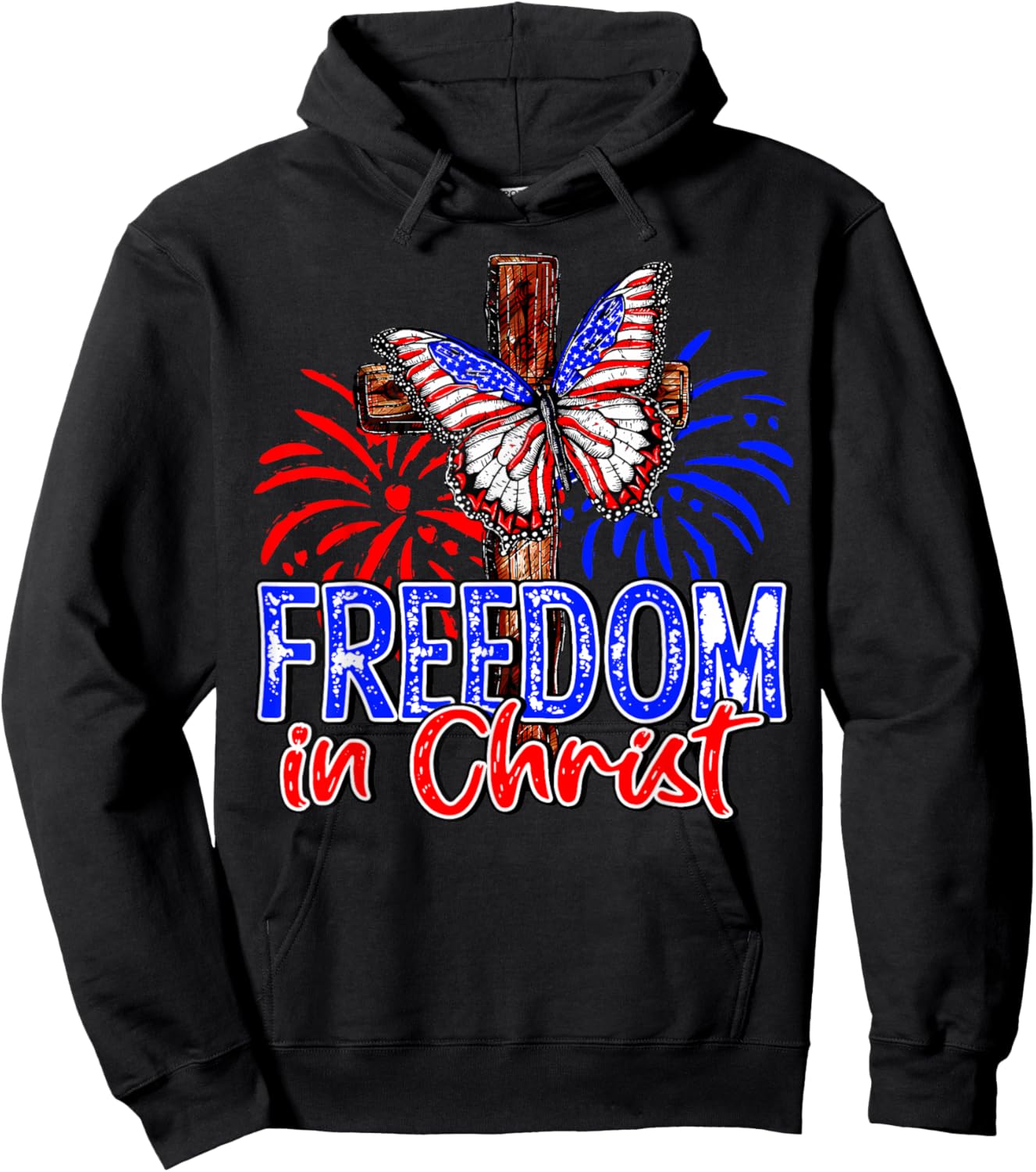 Patriotic Firework Faith Freedom In Christ Cross Butterfly Kids Men Hoodie - Hoodie | Black