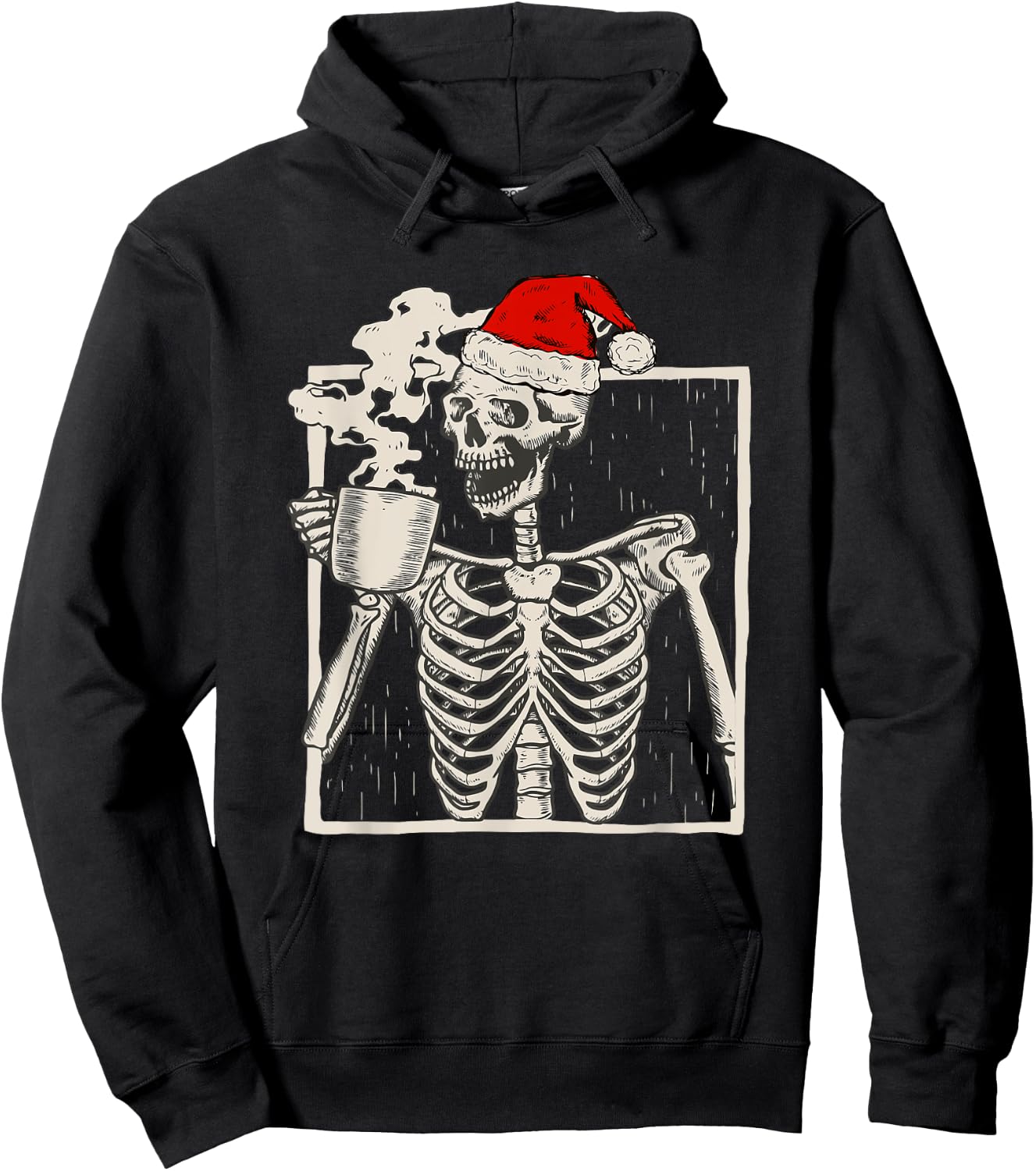 Christmas Skeleton With Smiling Skull Drinking Coffee Latte Hoodie - Hoodie | Black