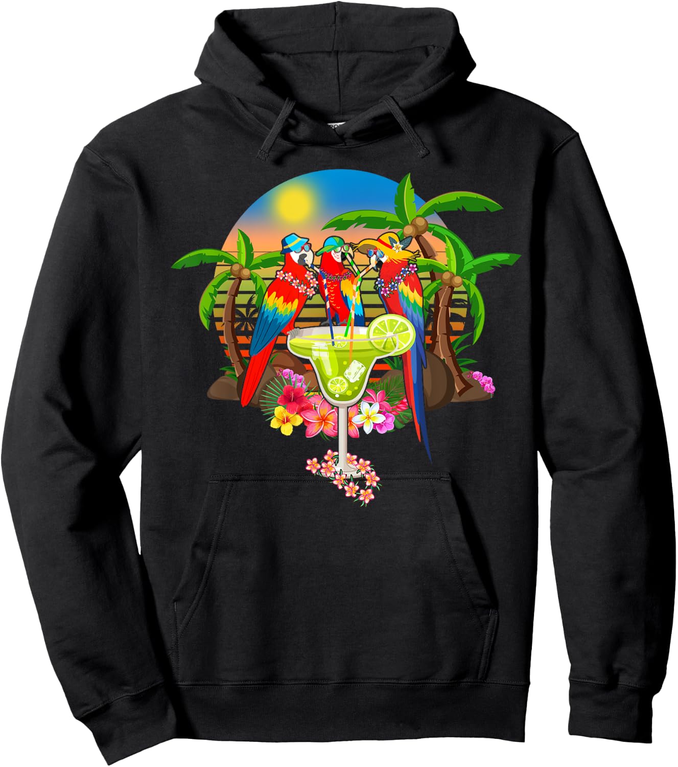 Parrots Drinking Margarita On Summer Vacation Birds Fun Men Women Hoodie - Hoodie | Black