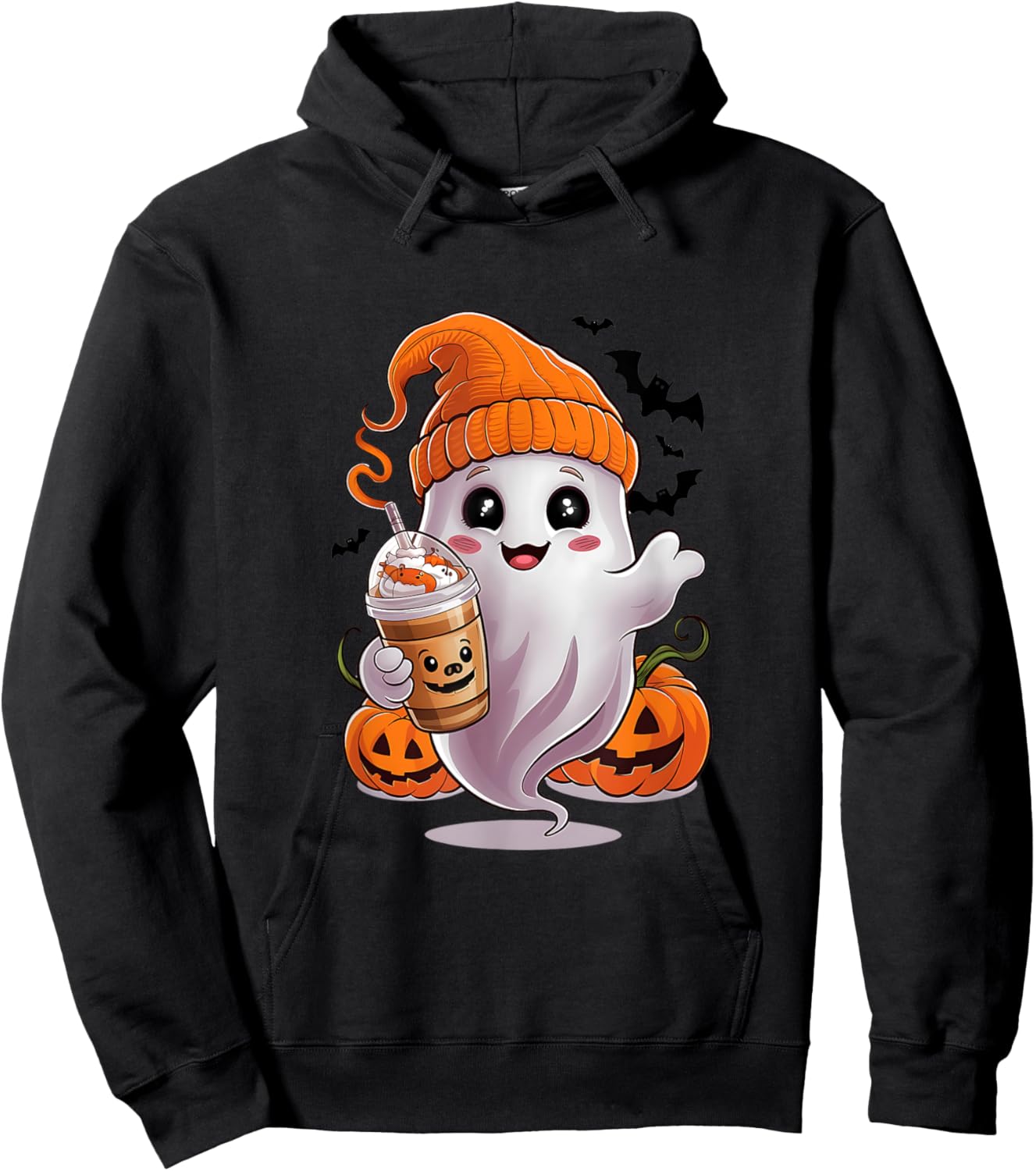 Cute Ghost Drinking Coffee Halloween Ghost Coffee Hoodie - Hoodie | Black