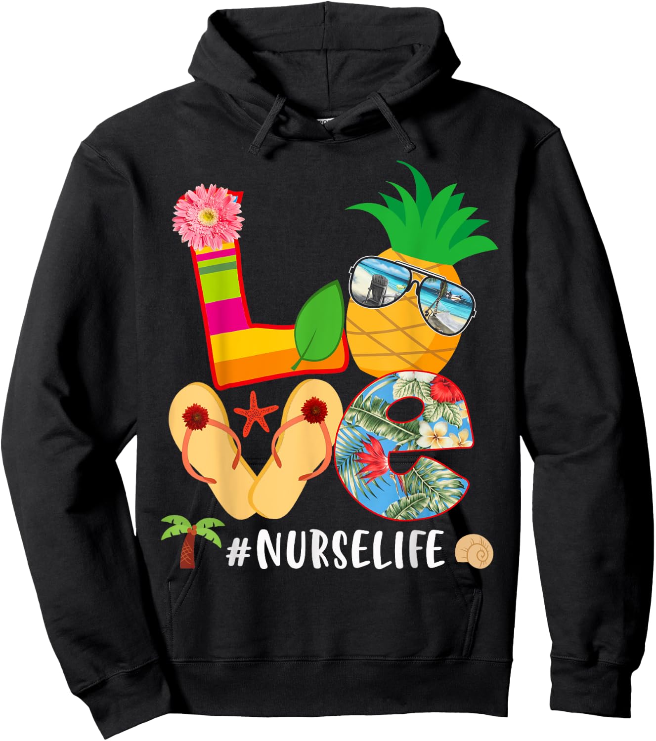 Love Summer Pineapple Tropical Flower Flip Flop Nurse Life Hoodie - Hoodie | Black