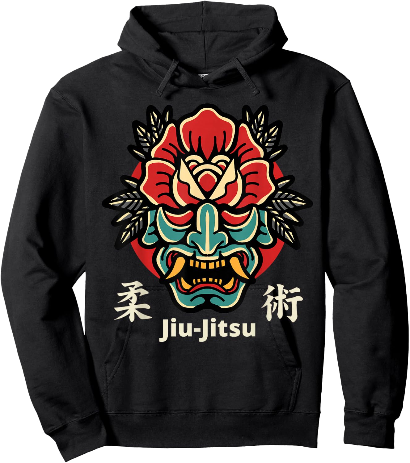 Japanese Demon Oni Mask, Kabuki Jiu-Jitsu Kanji Hoodie - Hoodie | Black