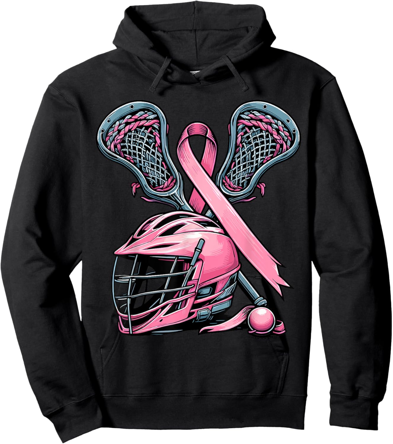 Lacrosse Pink Ribbon Breast Cancer Awareness Sport Lover Hoodie - Hoodie | Black