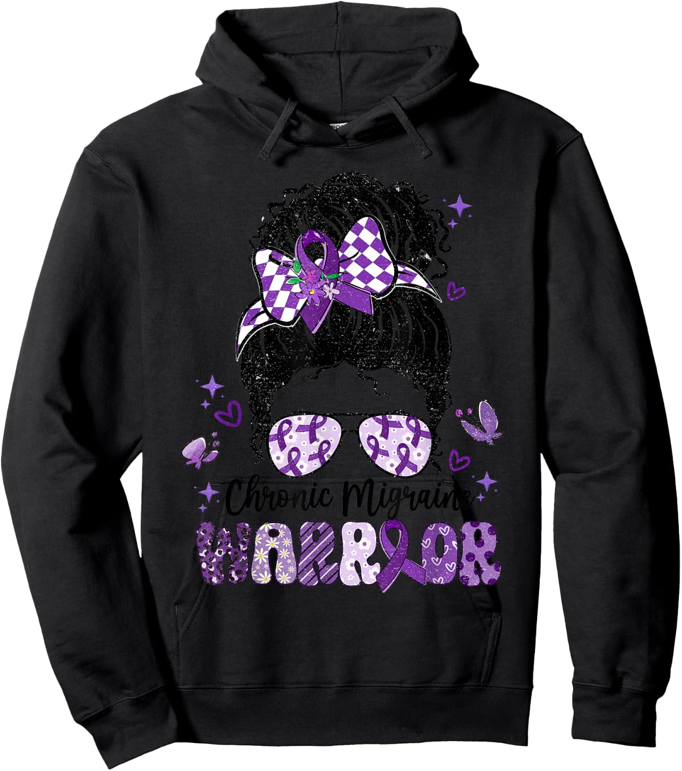 Warrior Messy Bun Red Purple Ribbon Chronic Migraine Hoodie - Hoodie | Black
