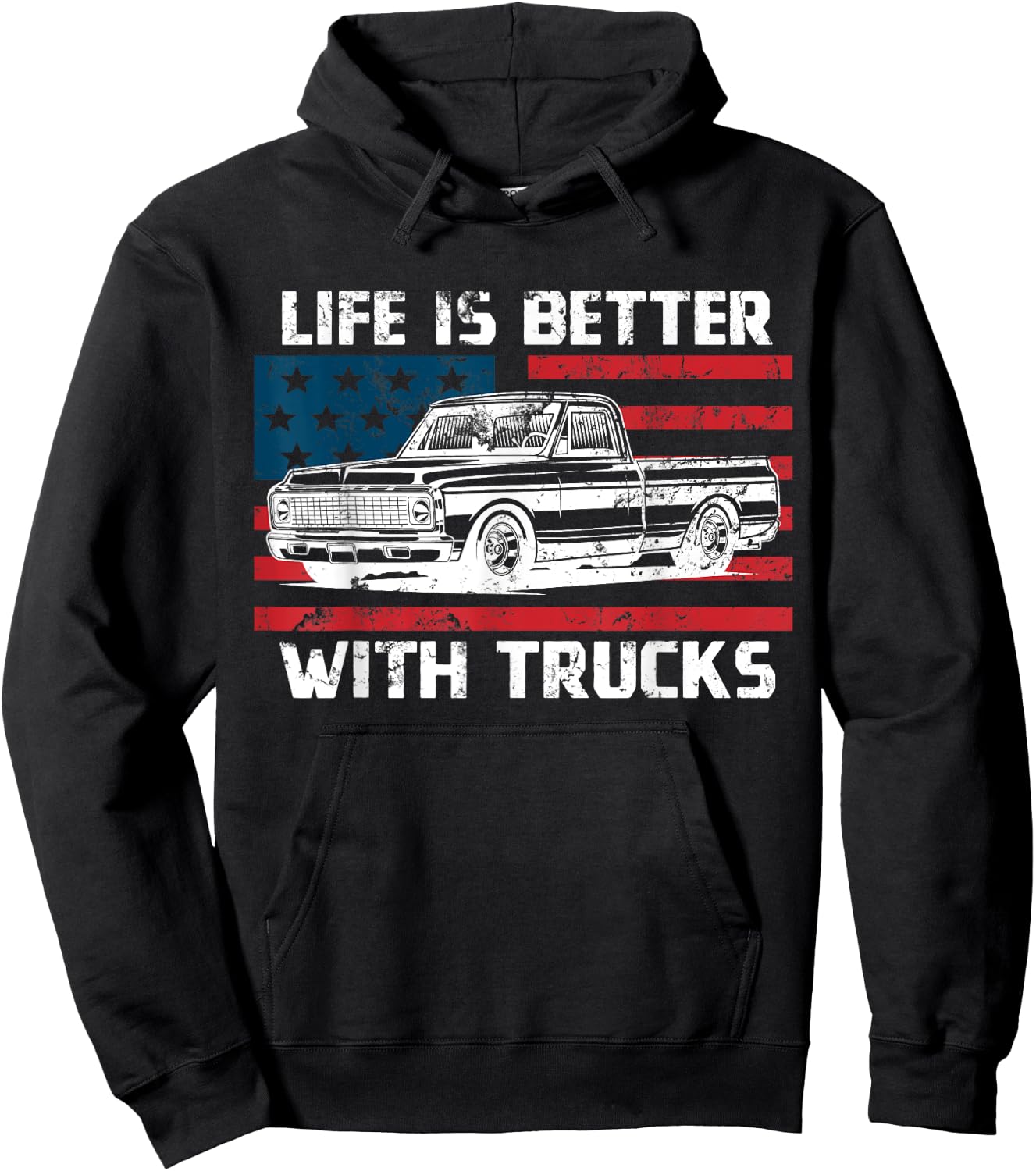 Vintage Life Is Better With Trucks USA Flag Truck Shirts Women Men Hoodie - Hoodie | Black