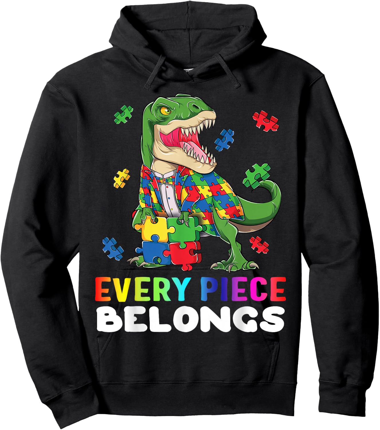 T rex Dinosaur Puzzle Piece Autism Awareness Boys Kids Gift Hoodie - Hoodie | Black