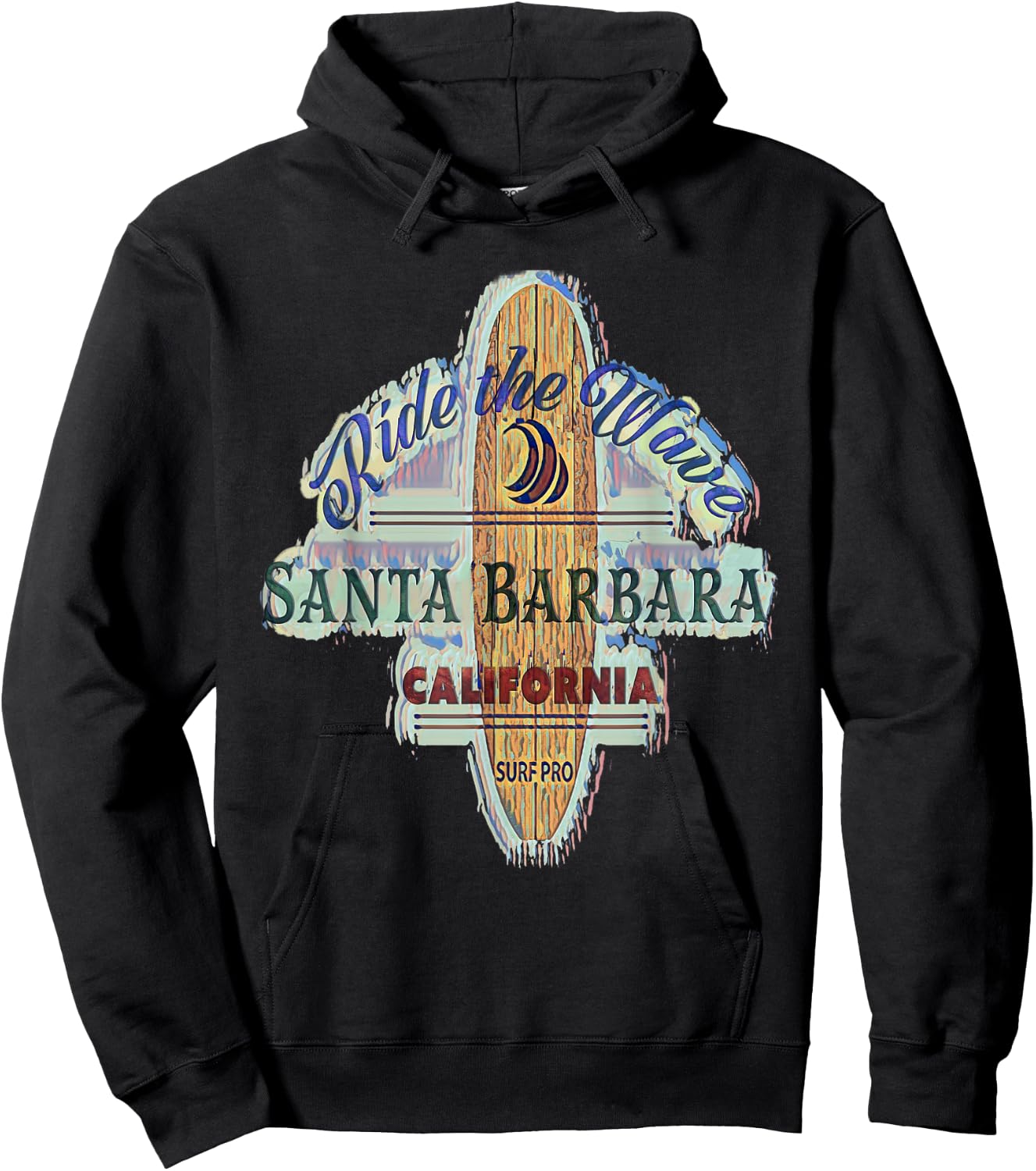 Santa Barbara Surfing Distressed Vintage Retro Surfboard Hoodie - Hoodie | Black