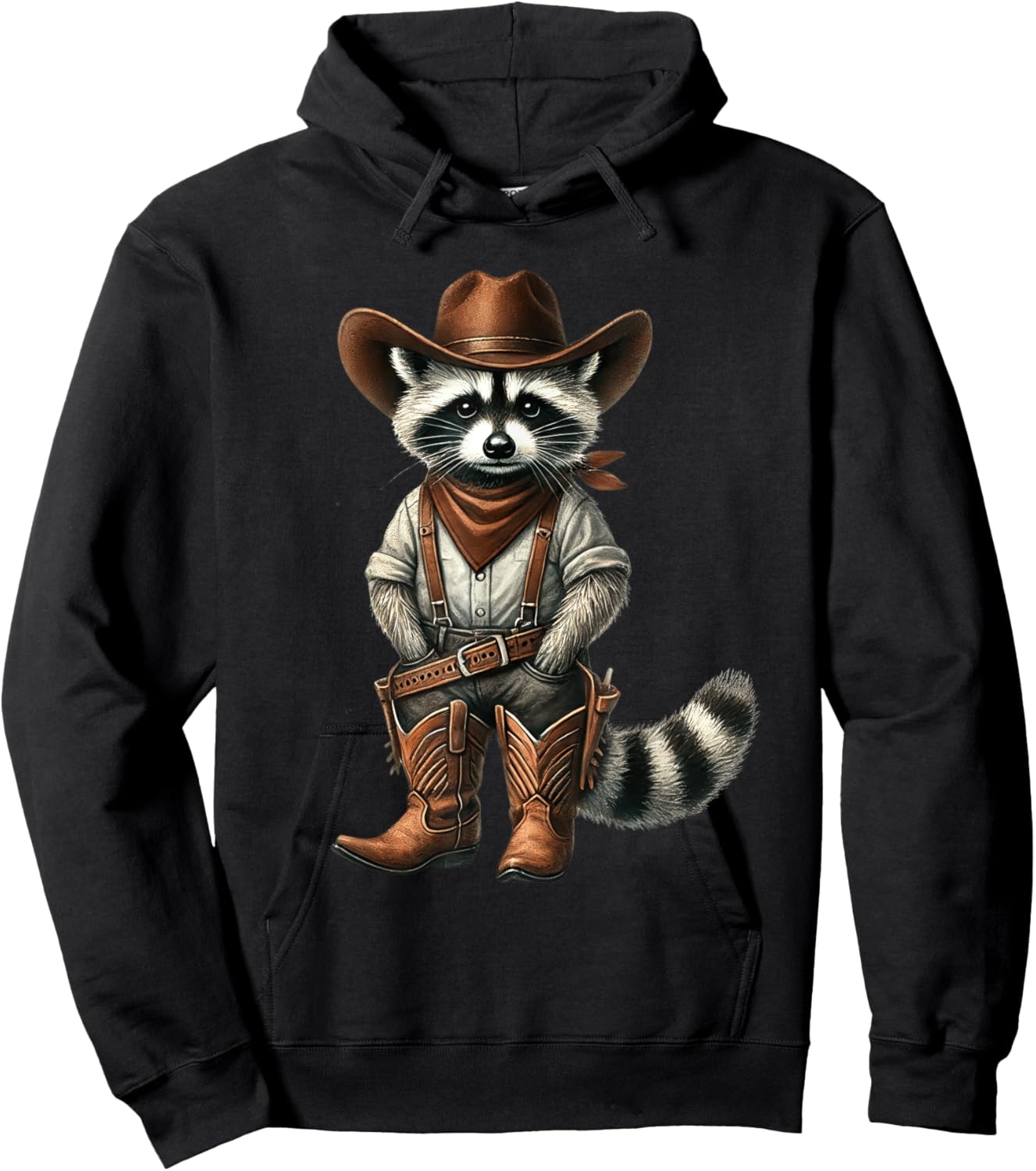 Vintage Raccoon Cowboy Funny Trash Cat Panda Western Country Hoodie - Hoodie | Black
