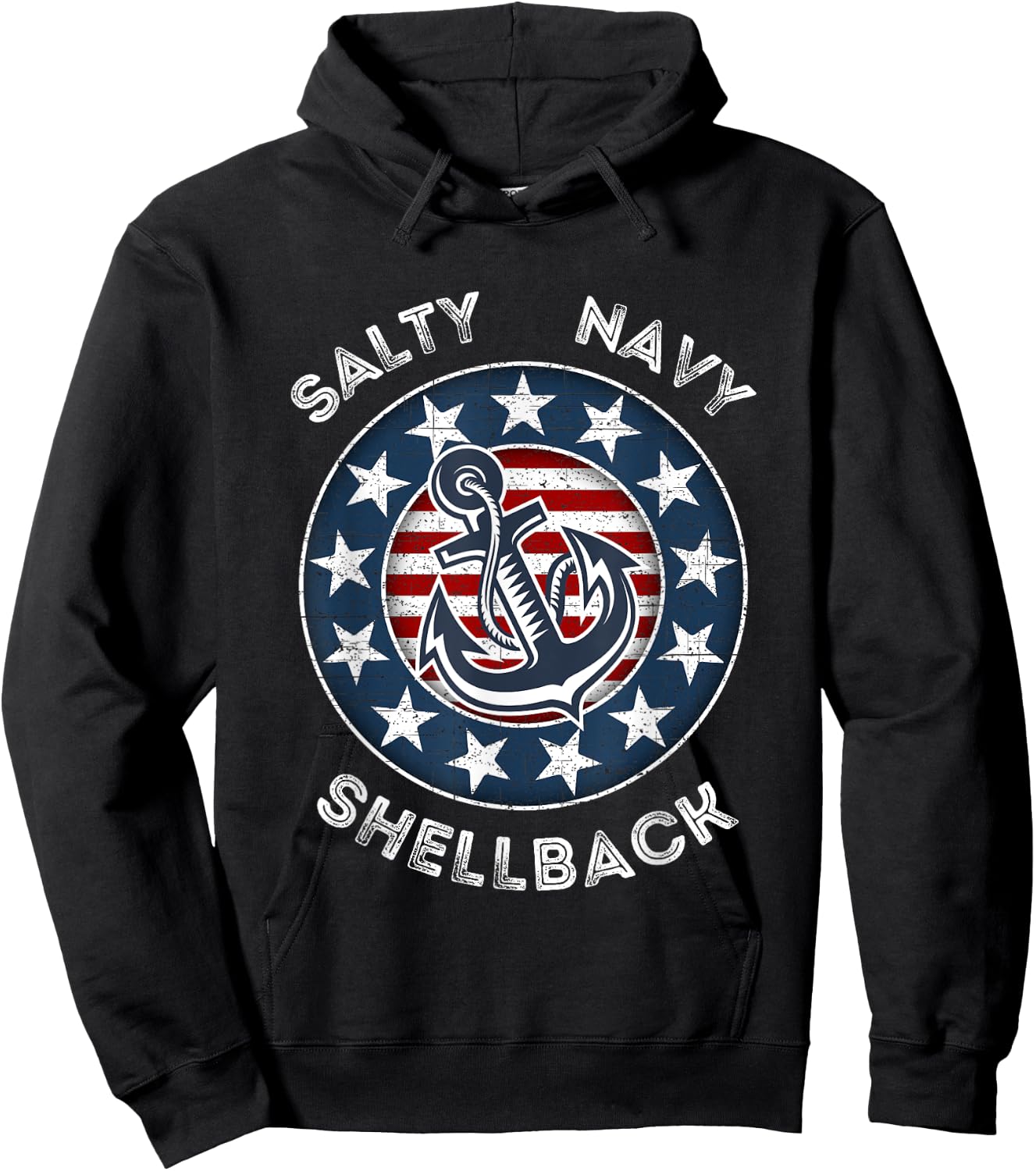 Navy Salty Shellback American Flag and Anchor Hoodie - Hoodie | Black