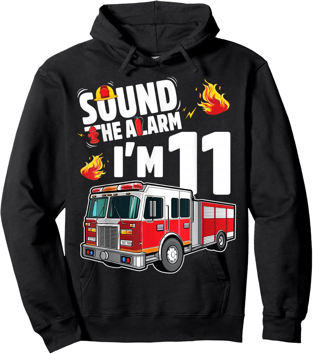 Fire Truck 11th Birthday Boy Firefighter 11 Year Old Hoodie - Hoodie | Black
