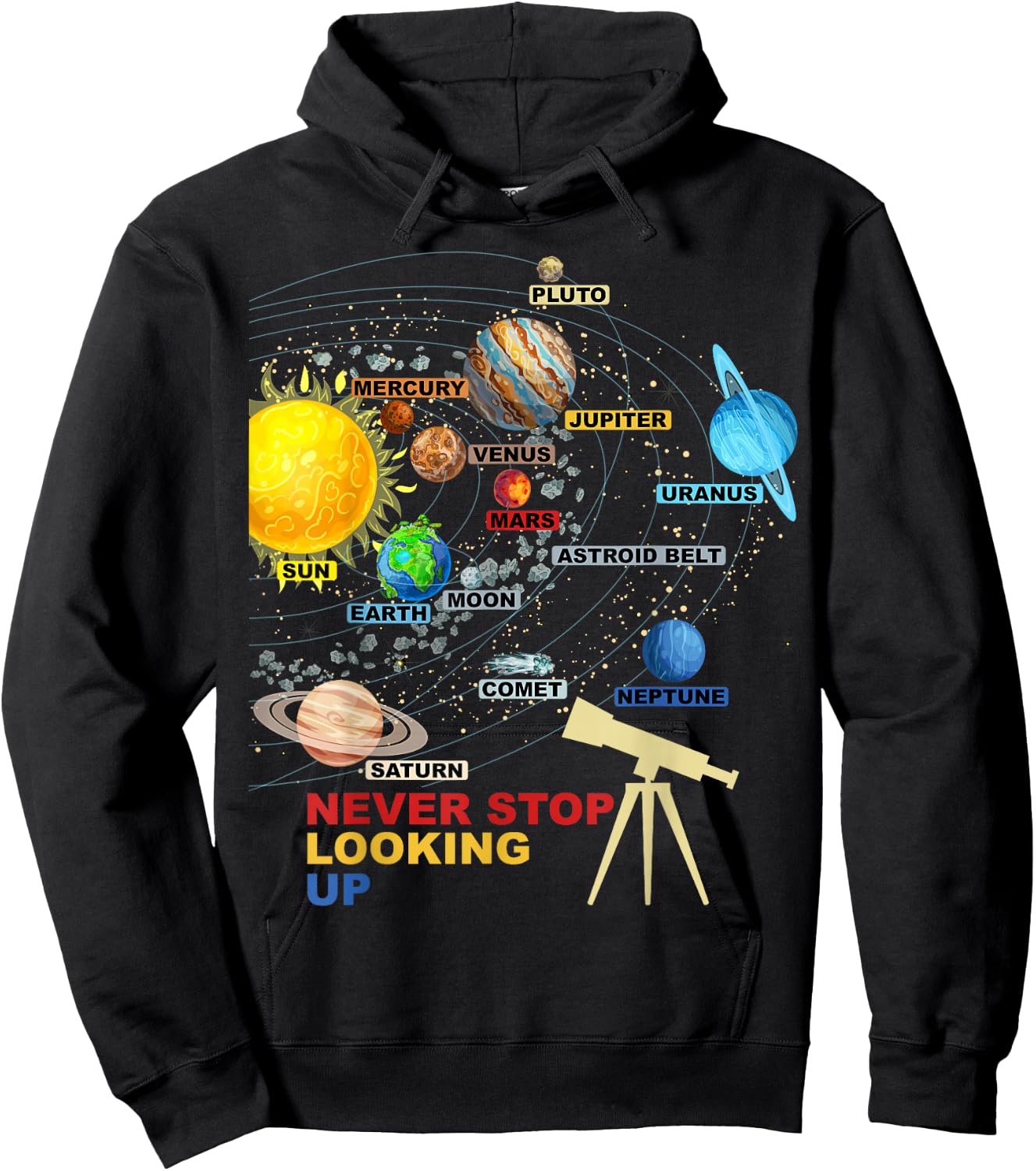 Solar System Planets - Never Stop Looking Up - Astronomy Hoodie - Hoodie | Black