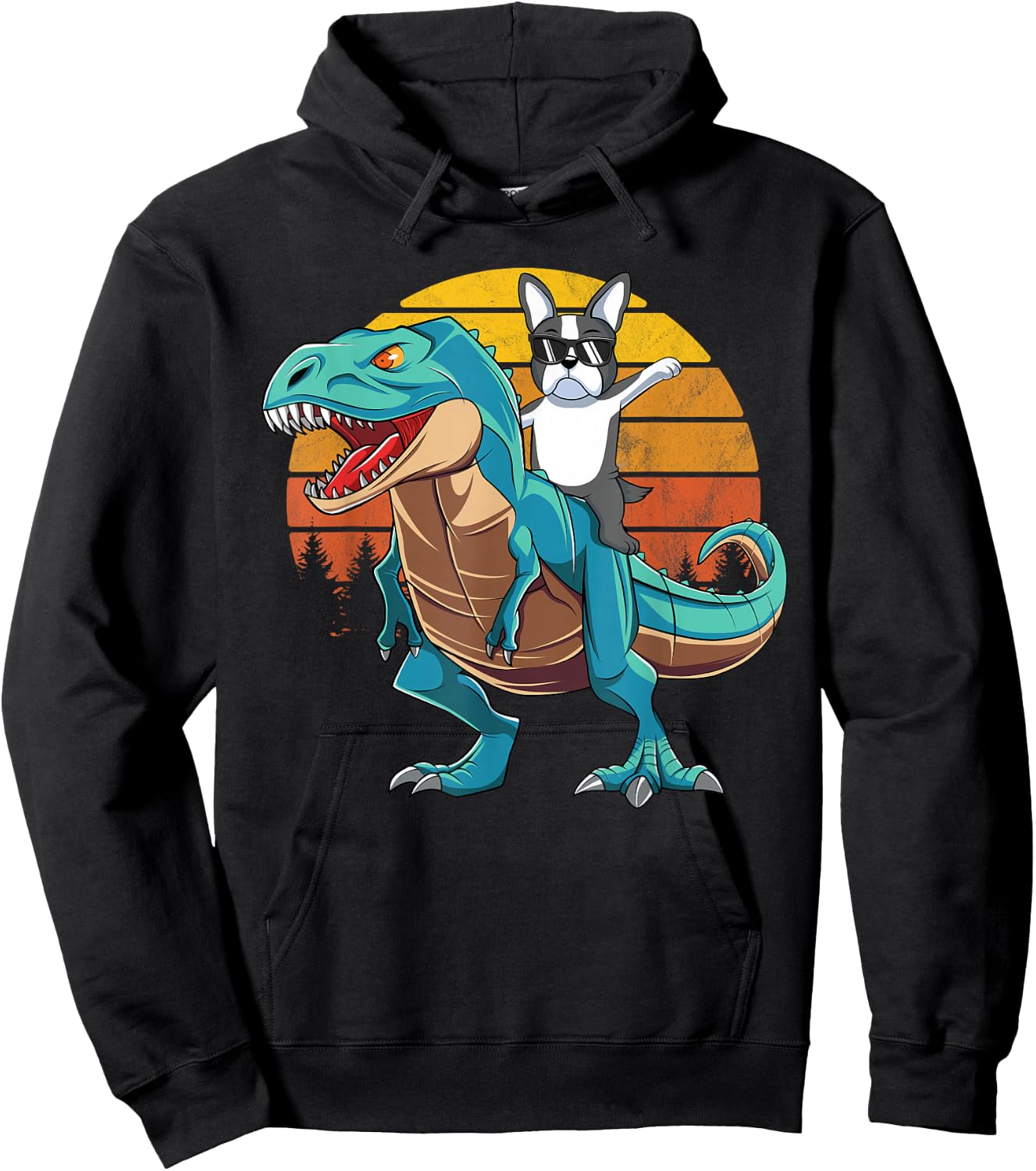 Boston Terrier Dog Riding Dinosaur T Rex Boys Hoodie - Hoodie | Black