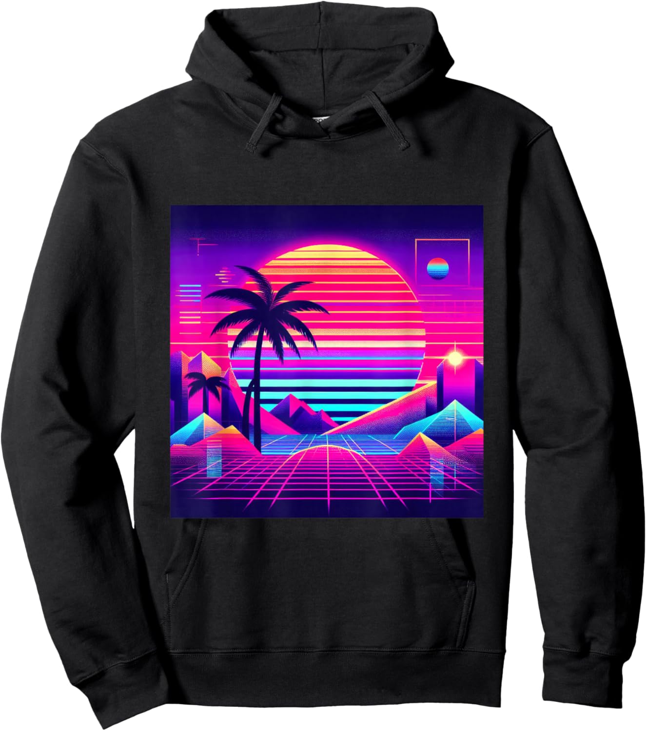 Synthwave Retro Vaporwave Tropical Palm Sunset TV Glitch Hoodie - Hoodie | Black