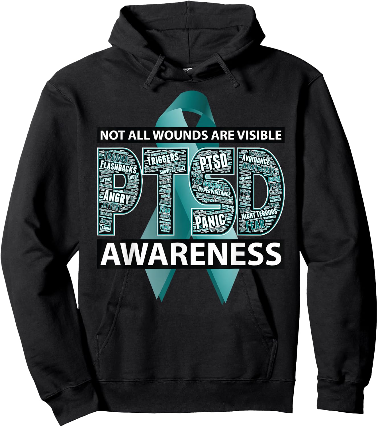 PTSD Not All Wounds Are Visible WordCloud Ribbon Hoodie - Hoodie | Black