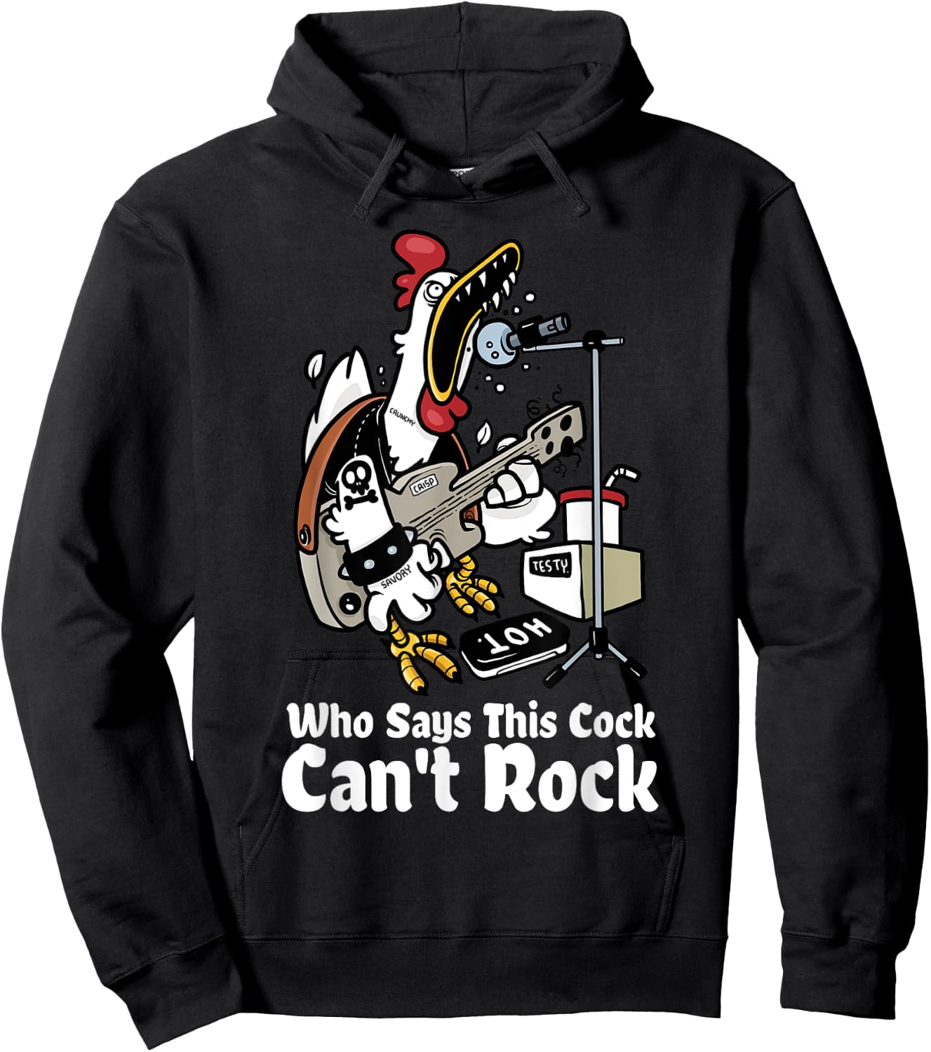 Funny Rock & Roll Rooster Chicken Playing Rock Guitar Party Hoodie - Hoodie | Black