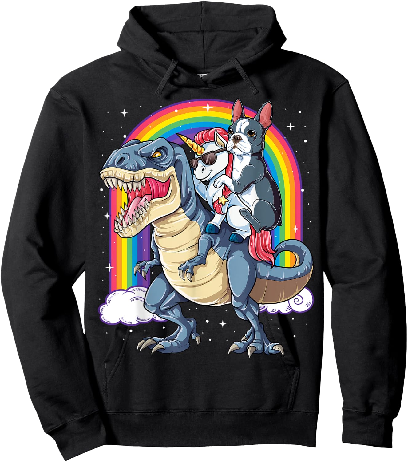 Boston Terrier Unicorn Riding Dinosaur T-rex Girls Rainbow Hoodie - Hoodie | Black