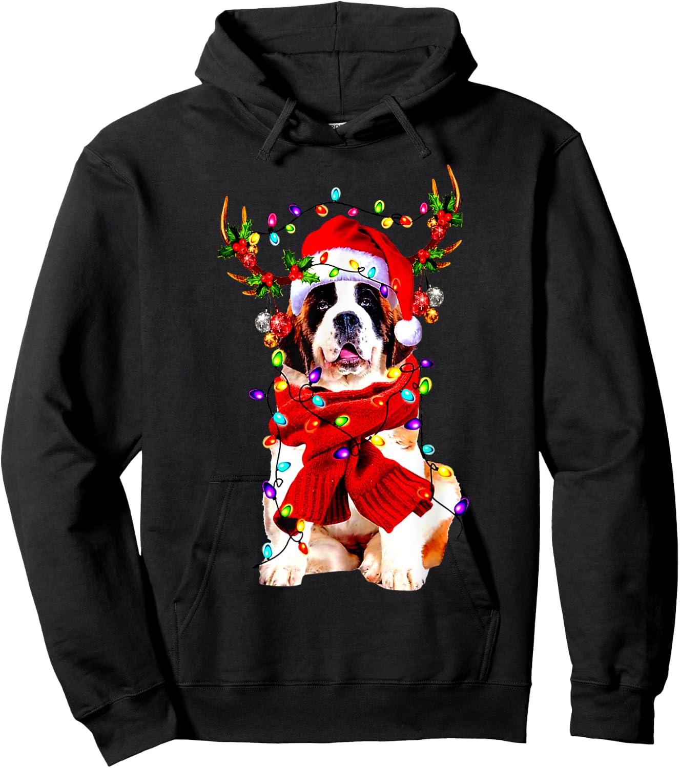 Funny St Bernard gorgeous reindeer Light Christmas Hoodie - Hoodie | Black