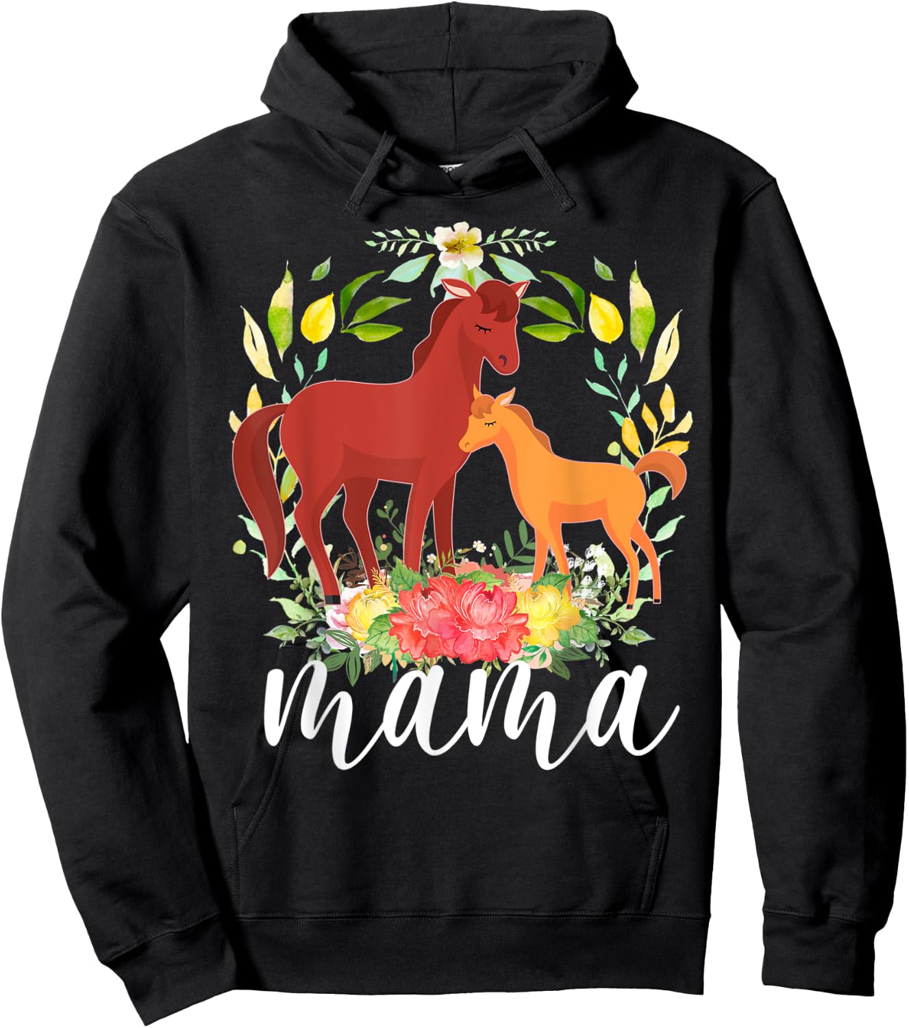 Flowers Mom Horse & Baby Horse - Animal Mama Mother's Day Hoodie - Hoodie | Black