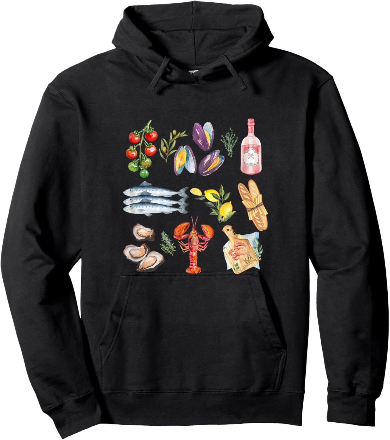 Italian Summer Scrapbook with seafood coastal Mediterranean Men Women Kids Hoodie - Hoodie | Black