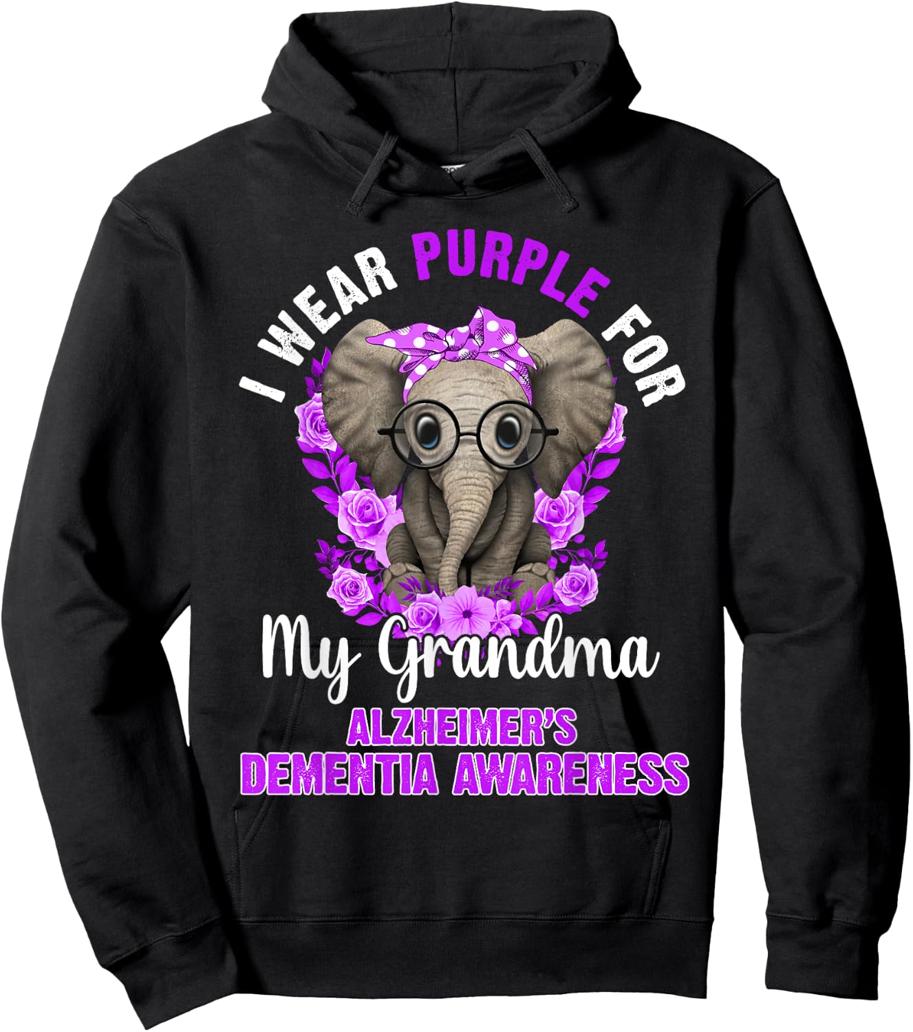 I Wear Purple For Grandma Dementia Awareness Elephant Hoodie - Hoodie | Black