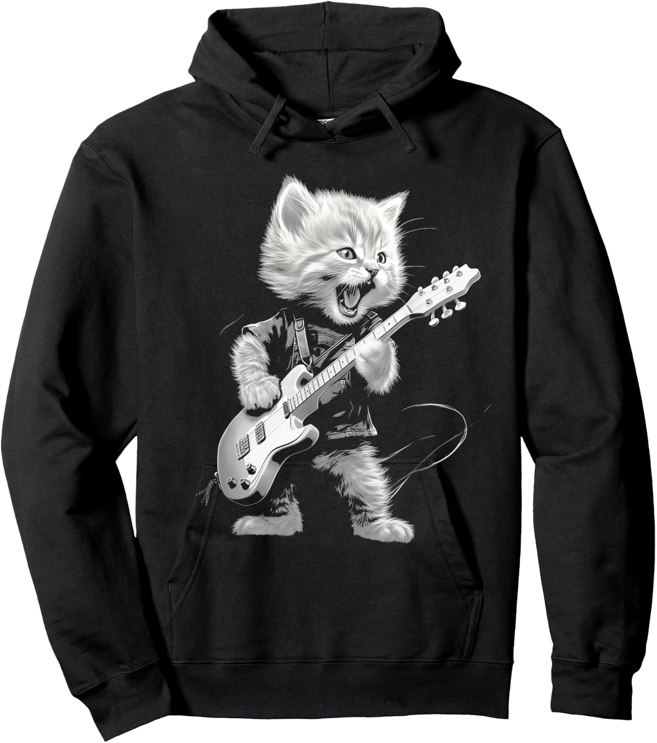 Rock Cat Playing Guitar Funny Guitar Cat Design Hoodie - Hoodie | Black