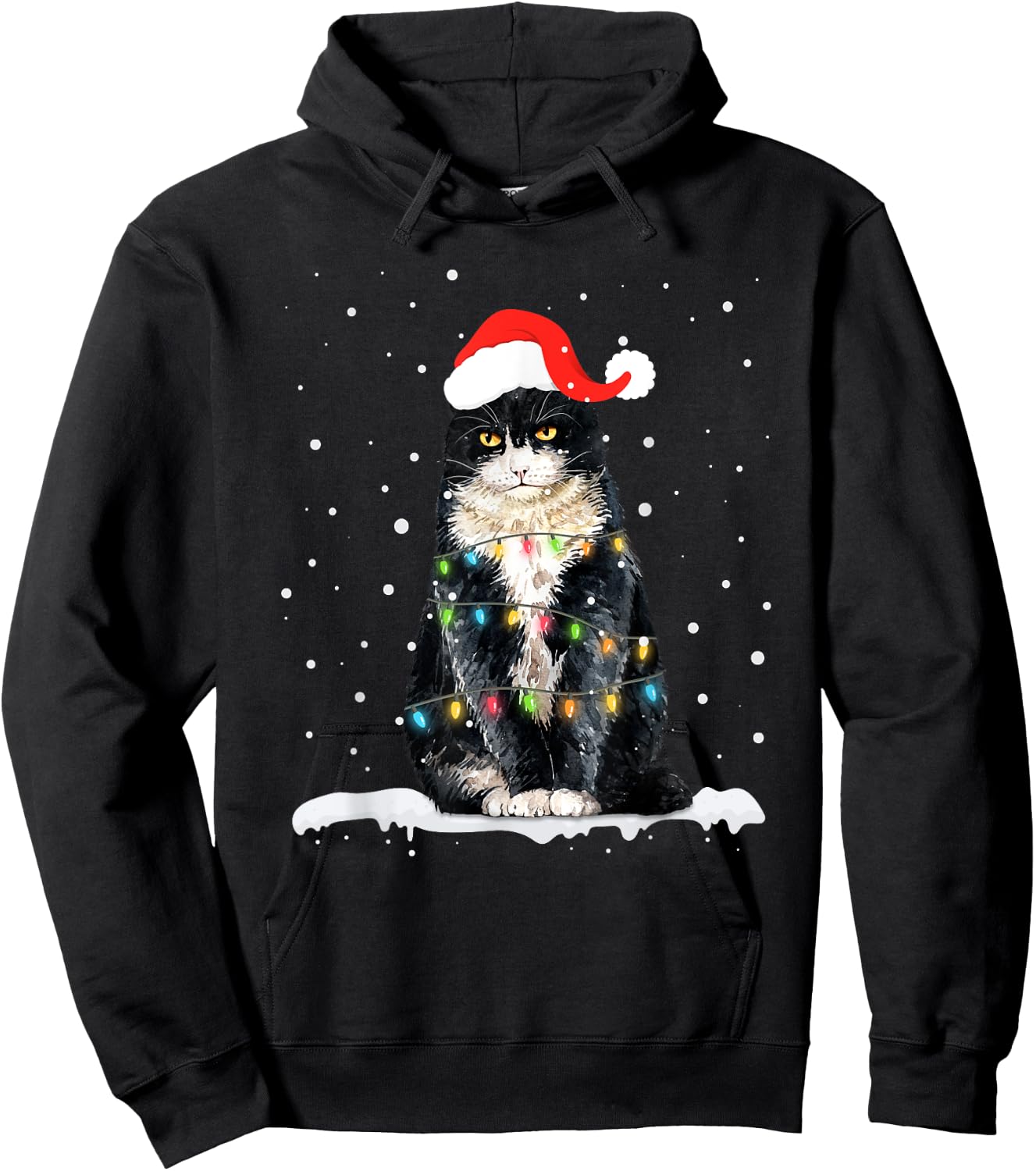 Funny Santa Cat Christmas Lights Holiday Gift Men Women Kids Hoodie - Hoodie | Black