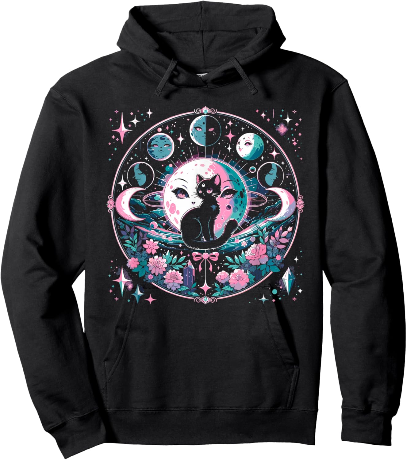 Moon Phases Crystal Witchy Cute Black Cat Kawaii Pastel Goth Hoodie - Hoodie | Black