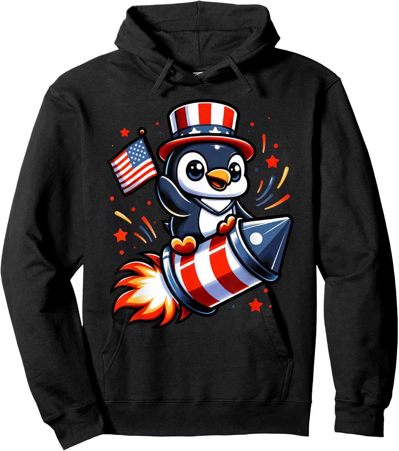 4th July Penguin Fireworks American USA Flag Boys Girls Hoodie - Hoodie | Black