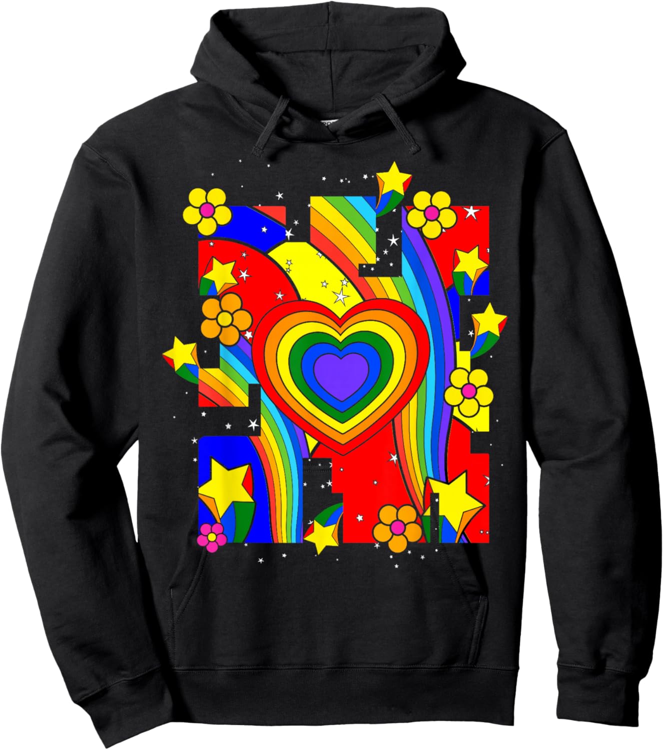 Kidcore Aesthetic Rainbow Heart Flowers Retro 80s 90s Groovy Hoodie - Hoodie | Black
