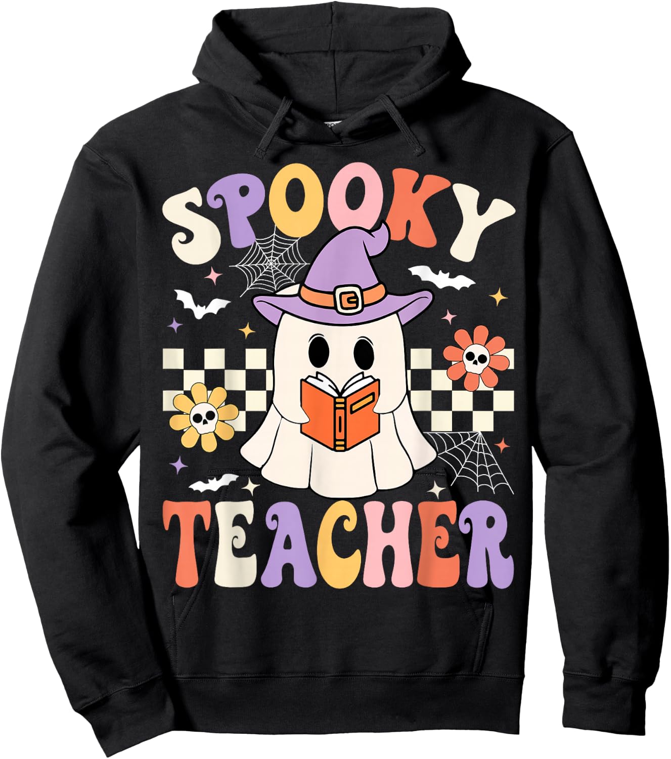 Groovy Spooky Teacher Ghost Retro Floral Teacher Halloween Hoodie - Hoodie | Black