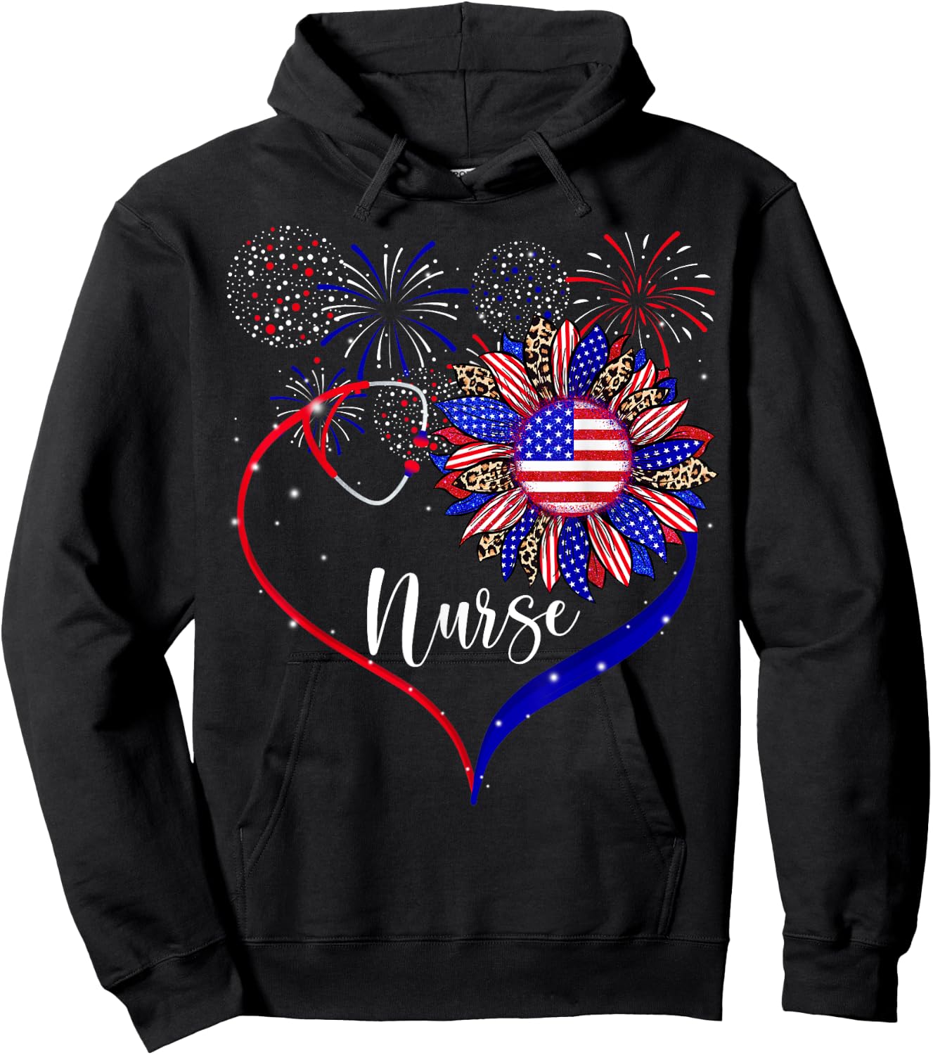 Patriotic Nurse 4th Of July American Flag Sunflower Love Hoodie - Hoodie | Black