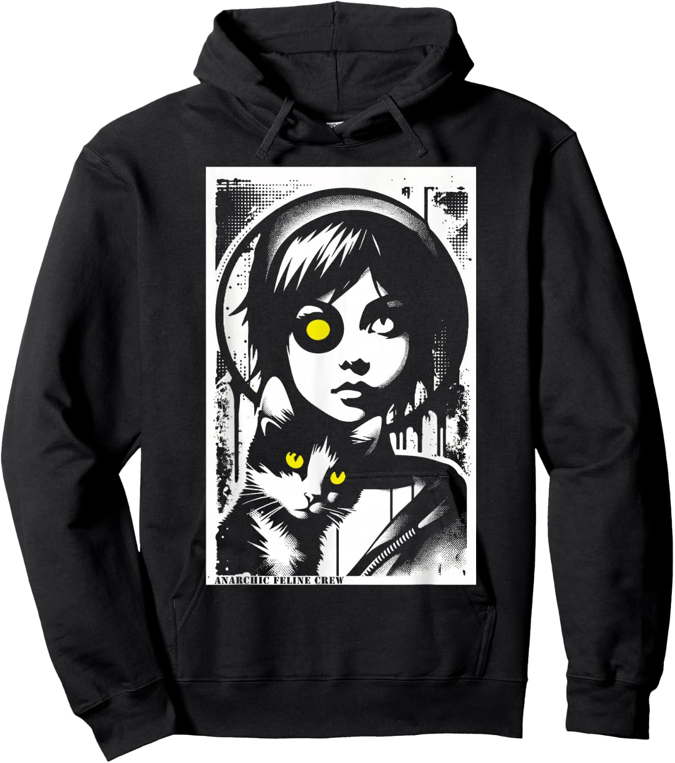 Punk Girl and Cat Graffiti Grunge 90s Distressed Vintage Hoodie - Hoodie | Black