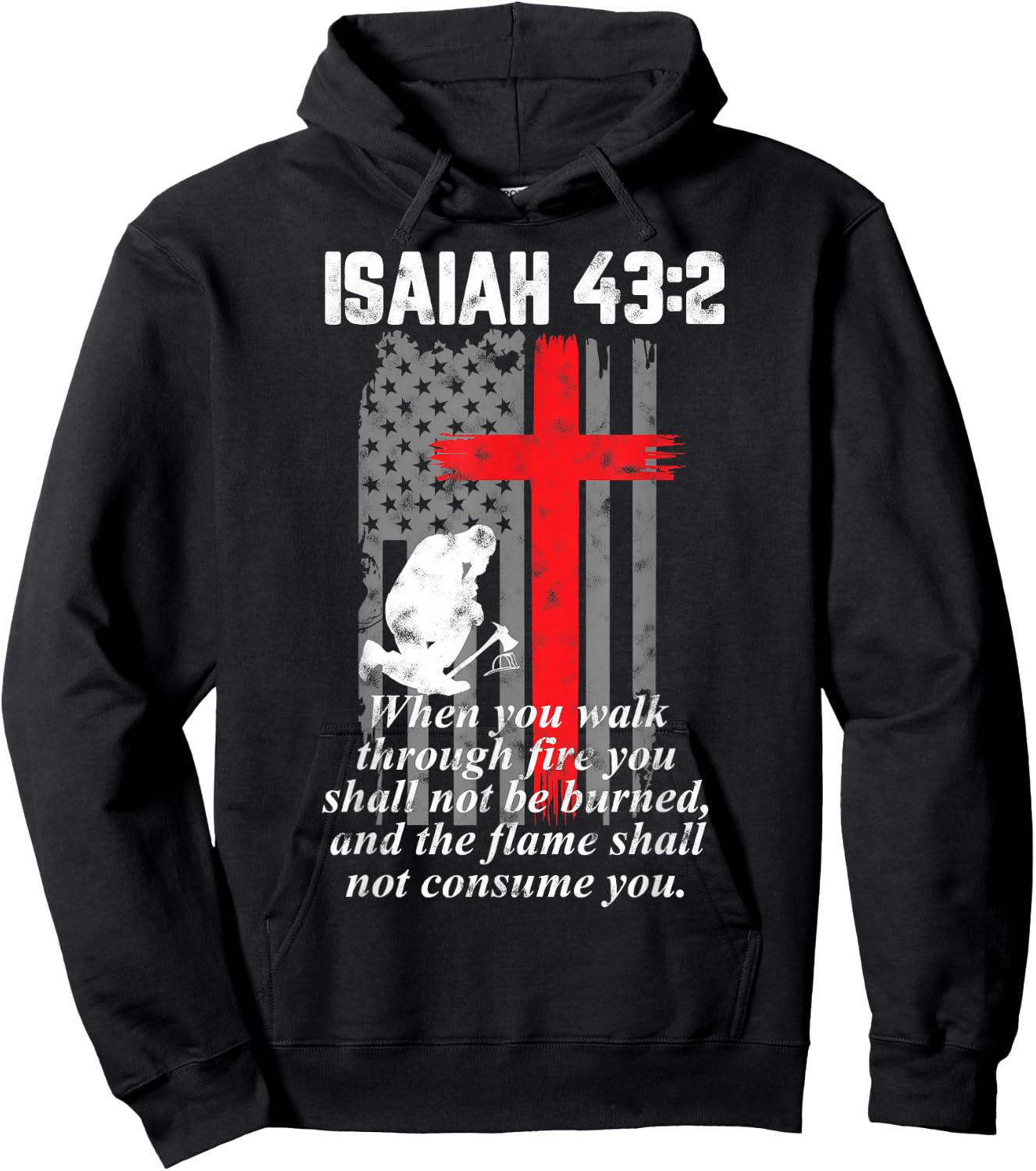 Thin Red Line Firefighter Cross Bible Verse American Flag Small Hoodie - Hoodie | Black
