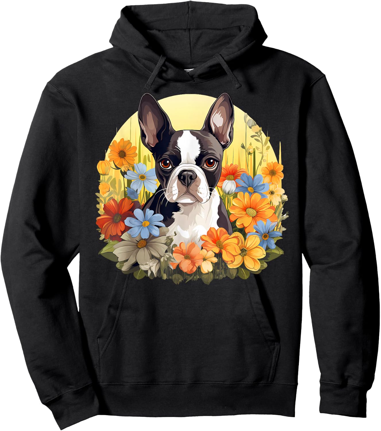 Cute Boston Terrier Spring Flower Garden Colorful Puppy Dog Hoodie - Hoodie | Black