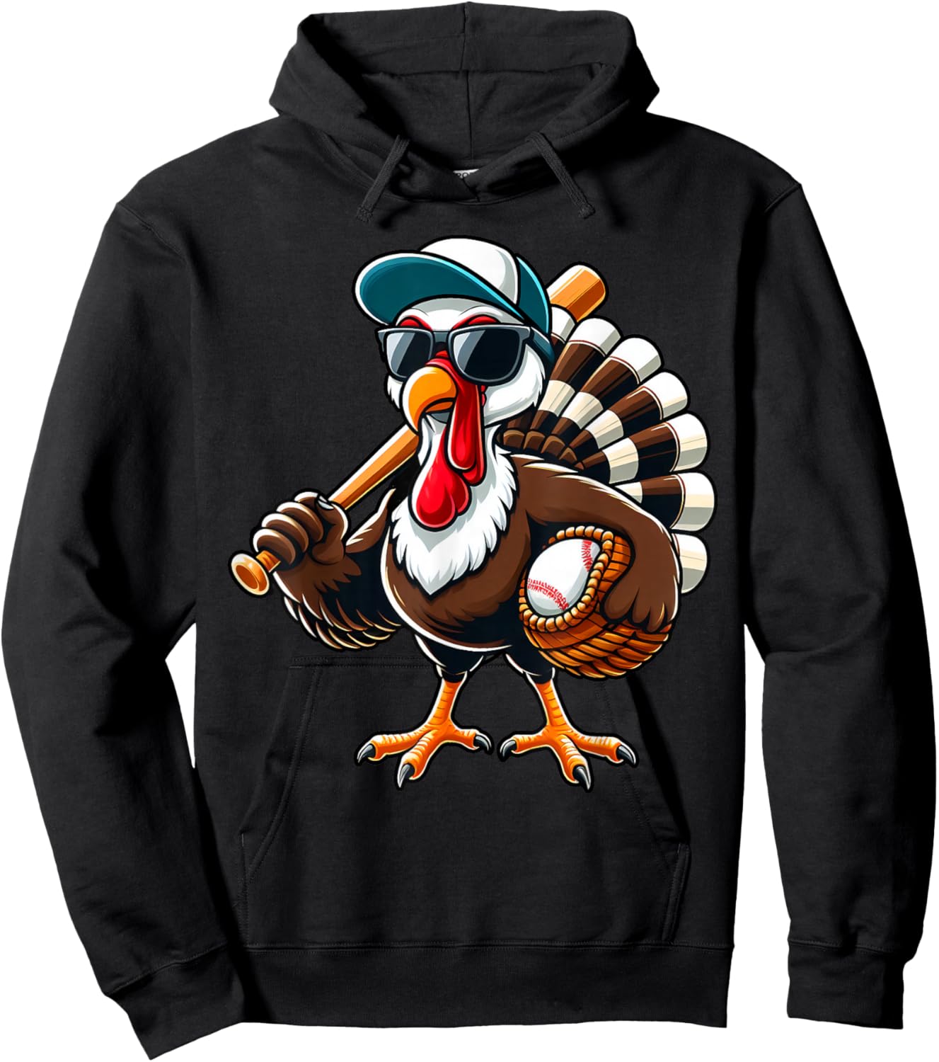 Turkey Baseball Thanksgiving Fall Turkey Playing Baseball Hoodie - Hoodie | Black