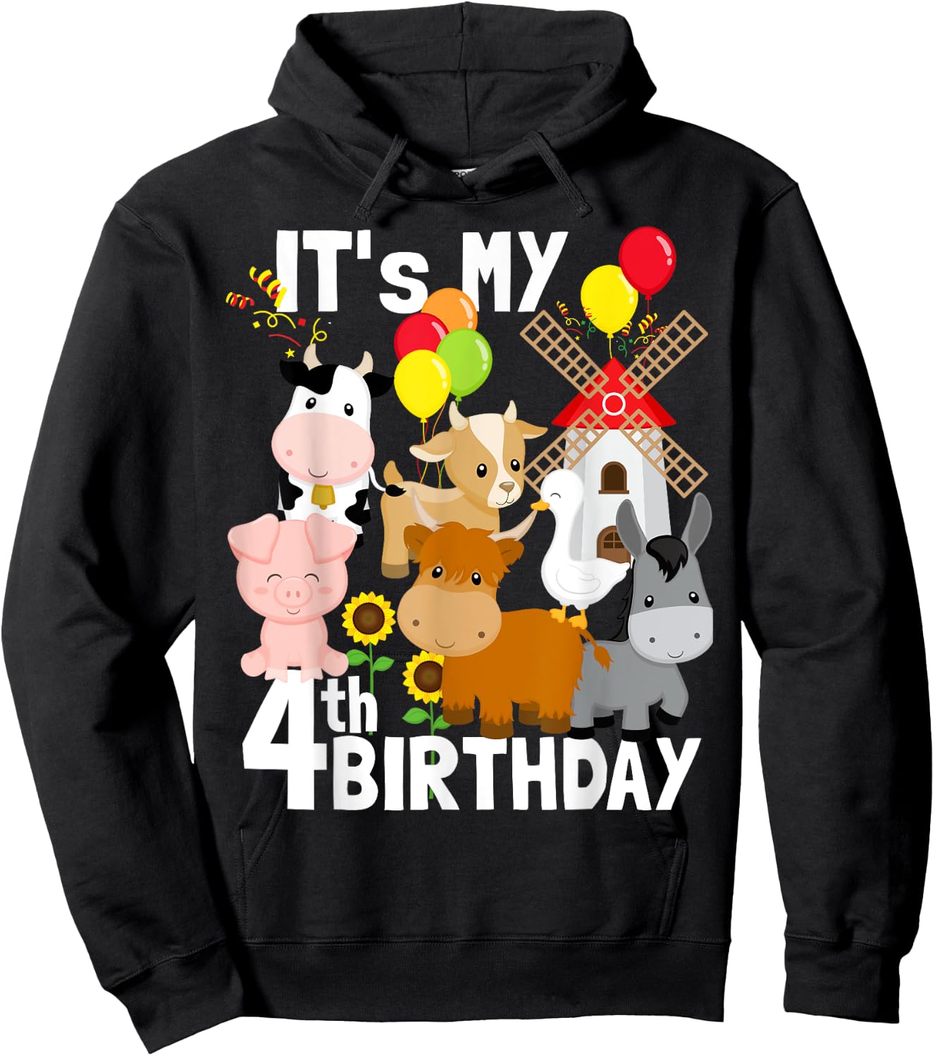 Farm Animals 4 Year Old It's My 4th Birthday Party Farm Hoodie - Hoodie | Black