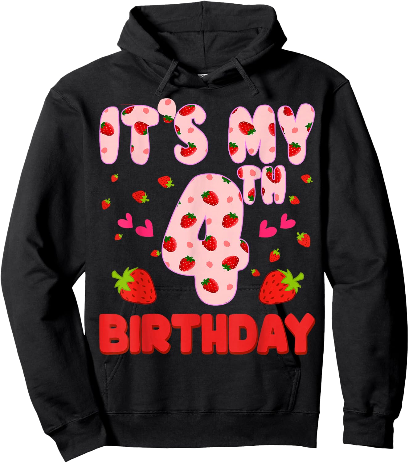Kids 4 year old Strawberry Birthday Girl Sweet Fruit 4th Hoodie - Hoodie | Black