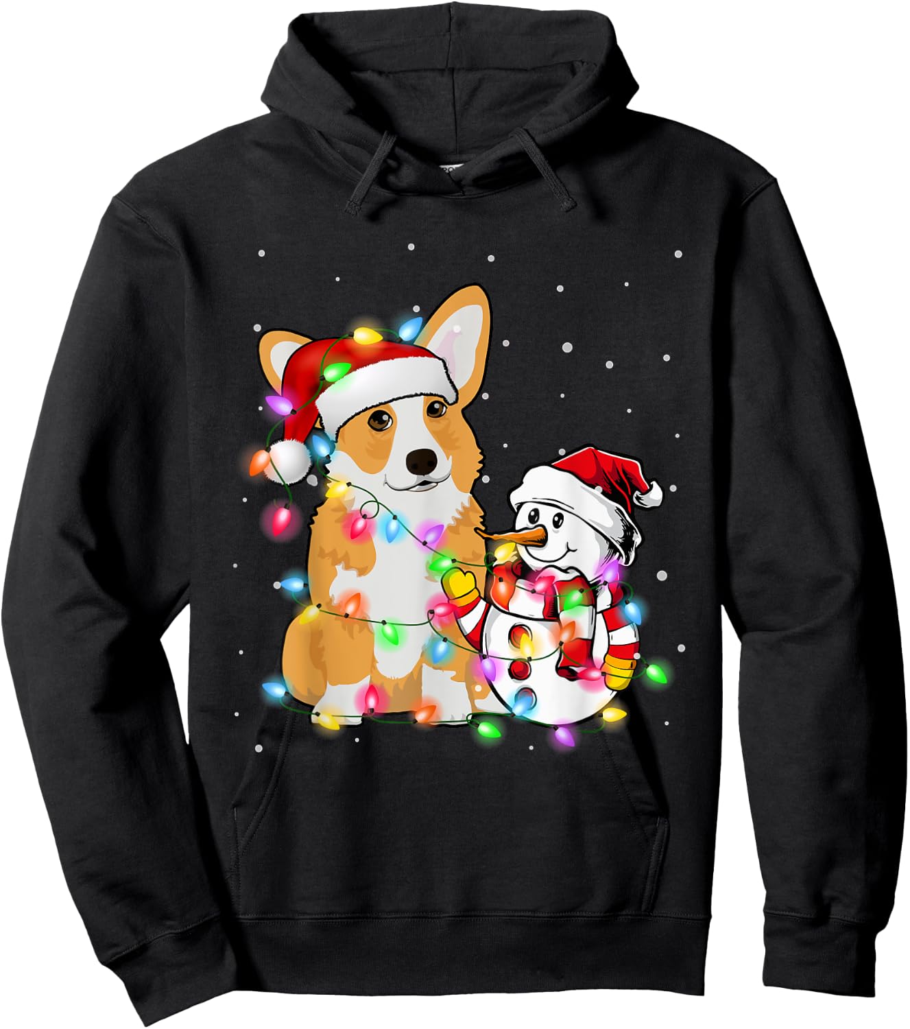 Funny Corgi Dog Christmas Snowman Xmas Lights Pajama Hoodie - Hoodie | Black
