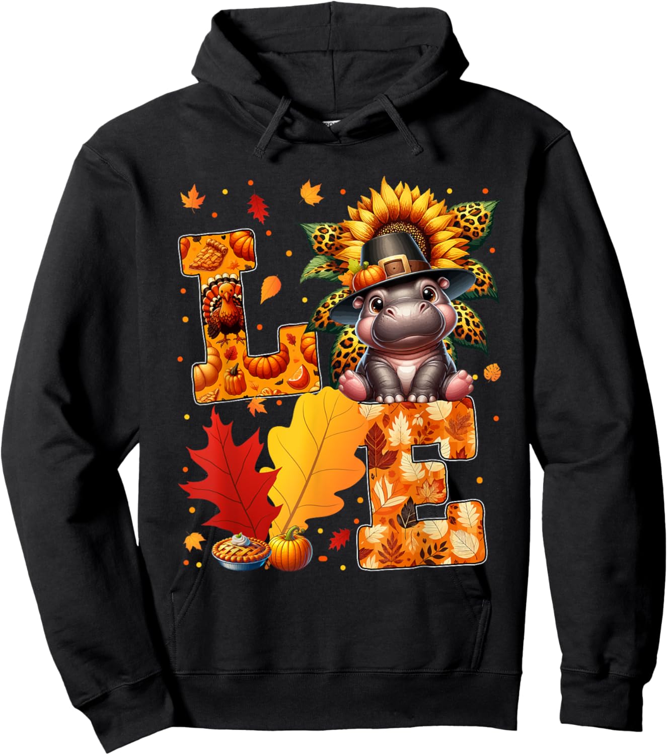 LOVE Thanksgiving Hippo Costume Fall Leaves Sunflower Hoodie - Hoodie | Black