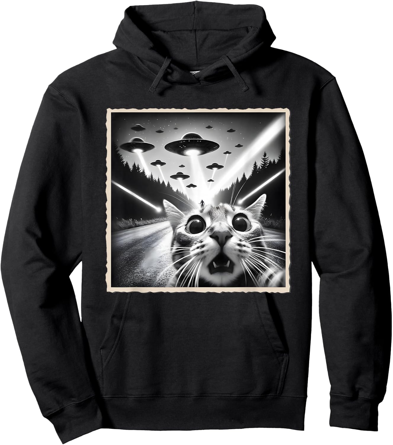 Cat Selfie With UFO | Funny Alien & Cat Hoodie - Hoodie | Black