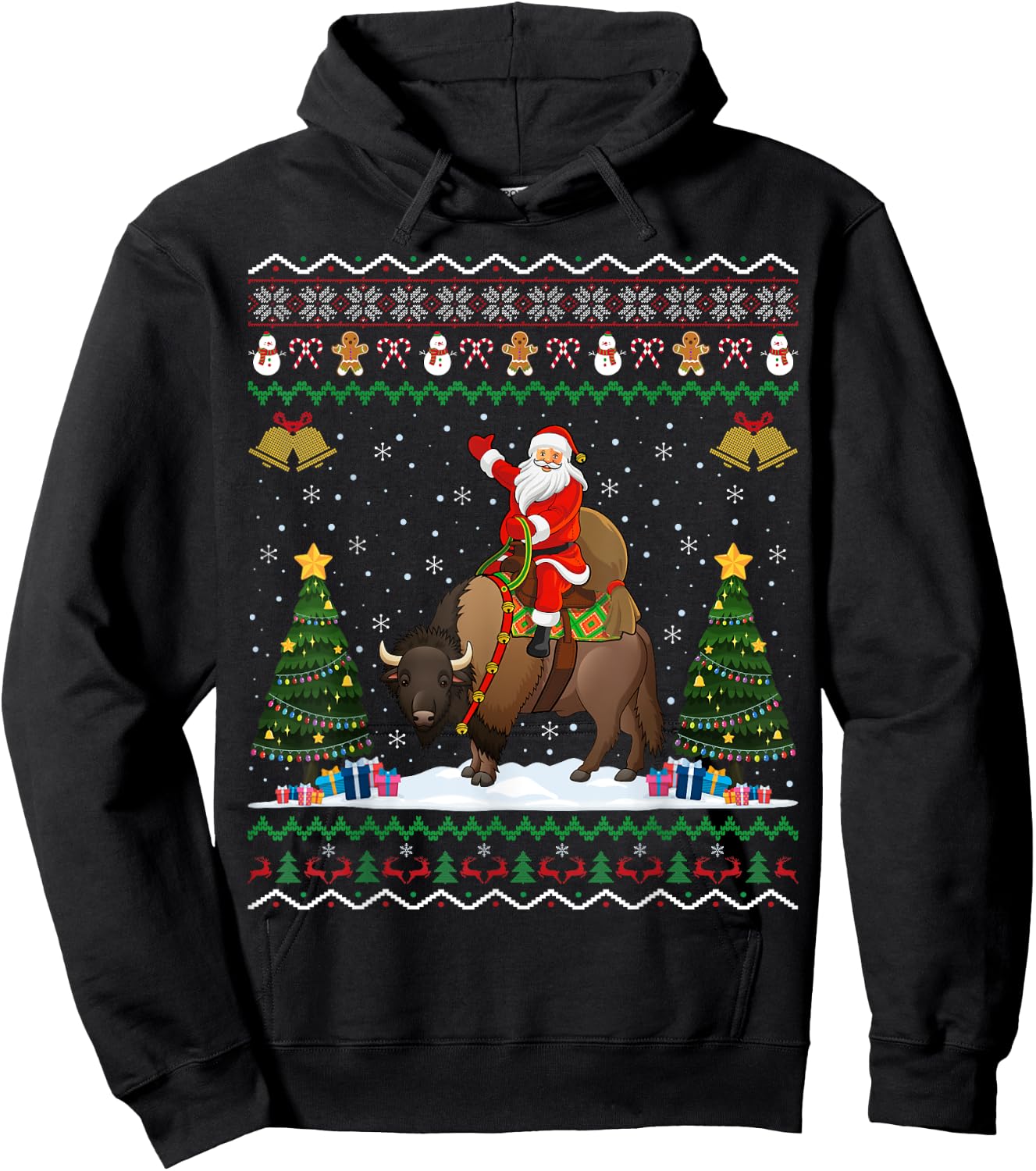 Bison Ugly Xmas Gift Santa Riding Bison Christmas Hoodie - Hoodie | Black